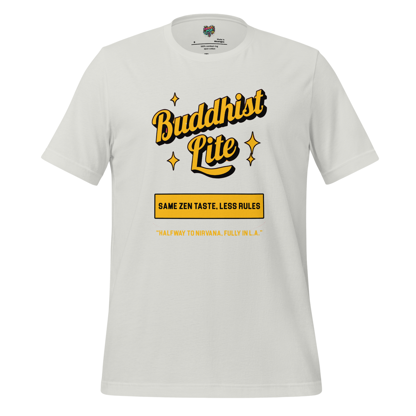 Funny Buddhism t-shirt with retro graphic and the text Buddhist Lite on the front.