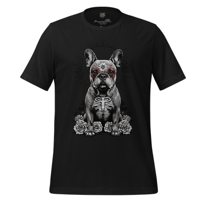 Black and white illustration of a French bulldog dog with sugar skull styling