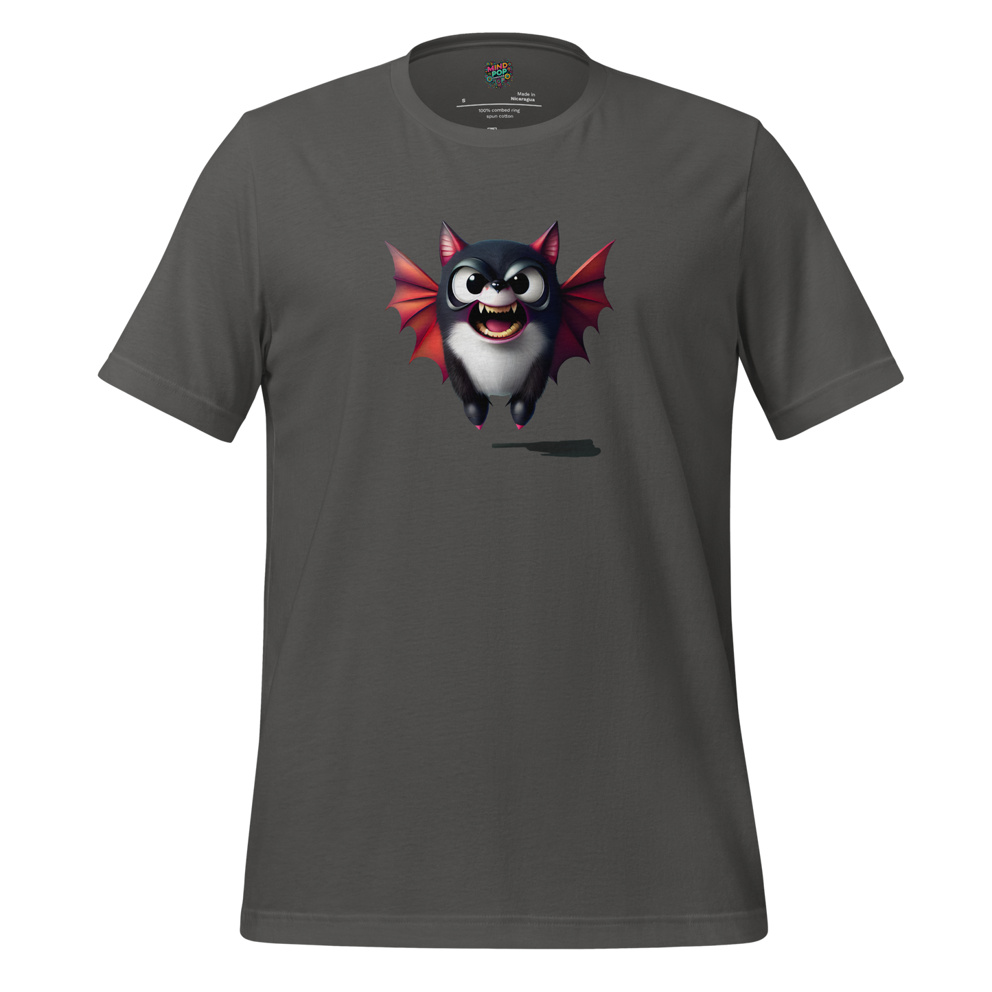 Funny Halloween shirt featuring a graphic-only design of a chaotic bat-dog hybrid — no text, just an adorable flying pup with fangs and wings