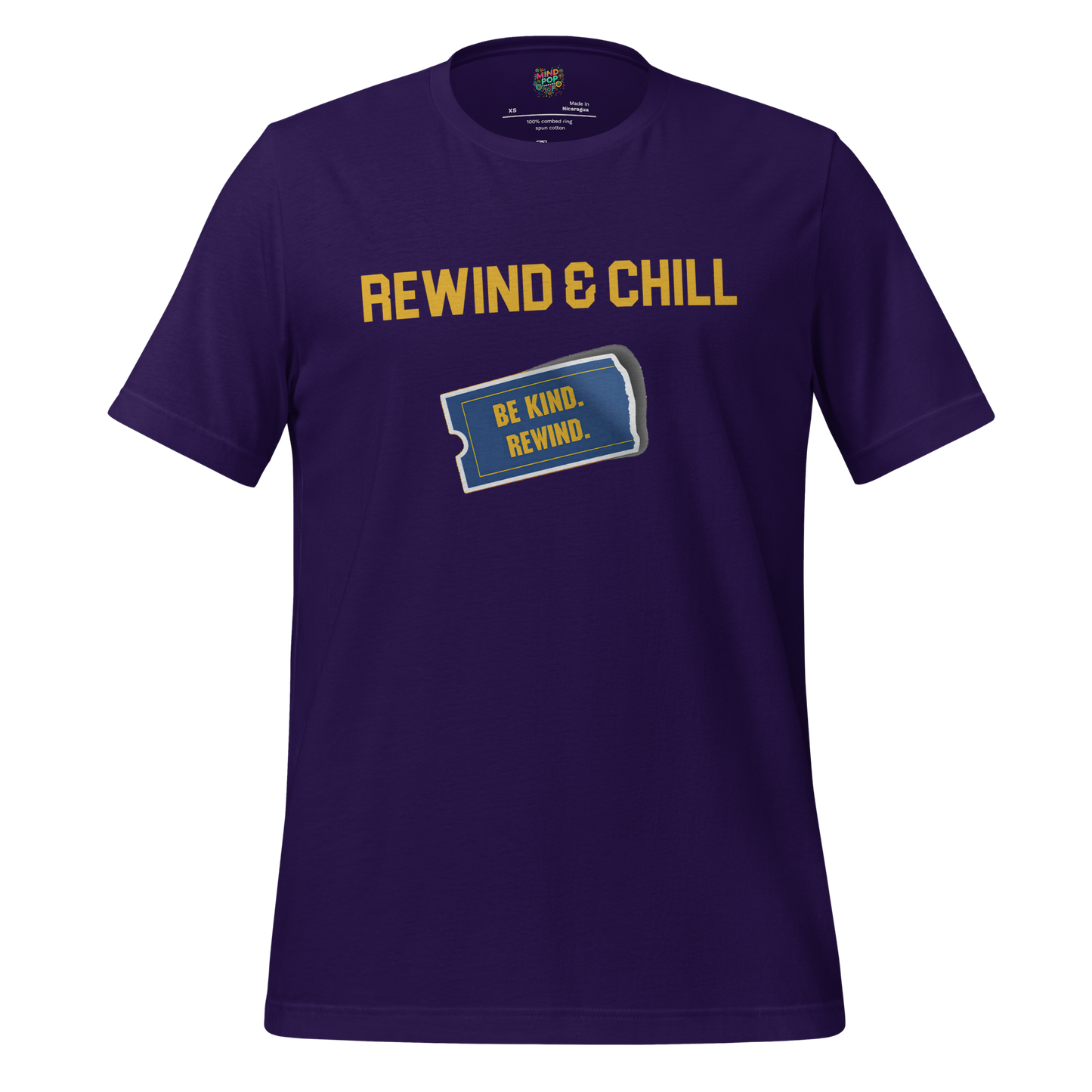 Retro Blockbuster-style design with text “Be Kind, Rewind & Chill” — nostalgic nod to VHS culture and Gen X movie nights
