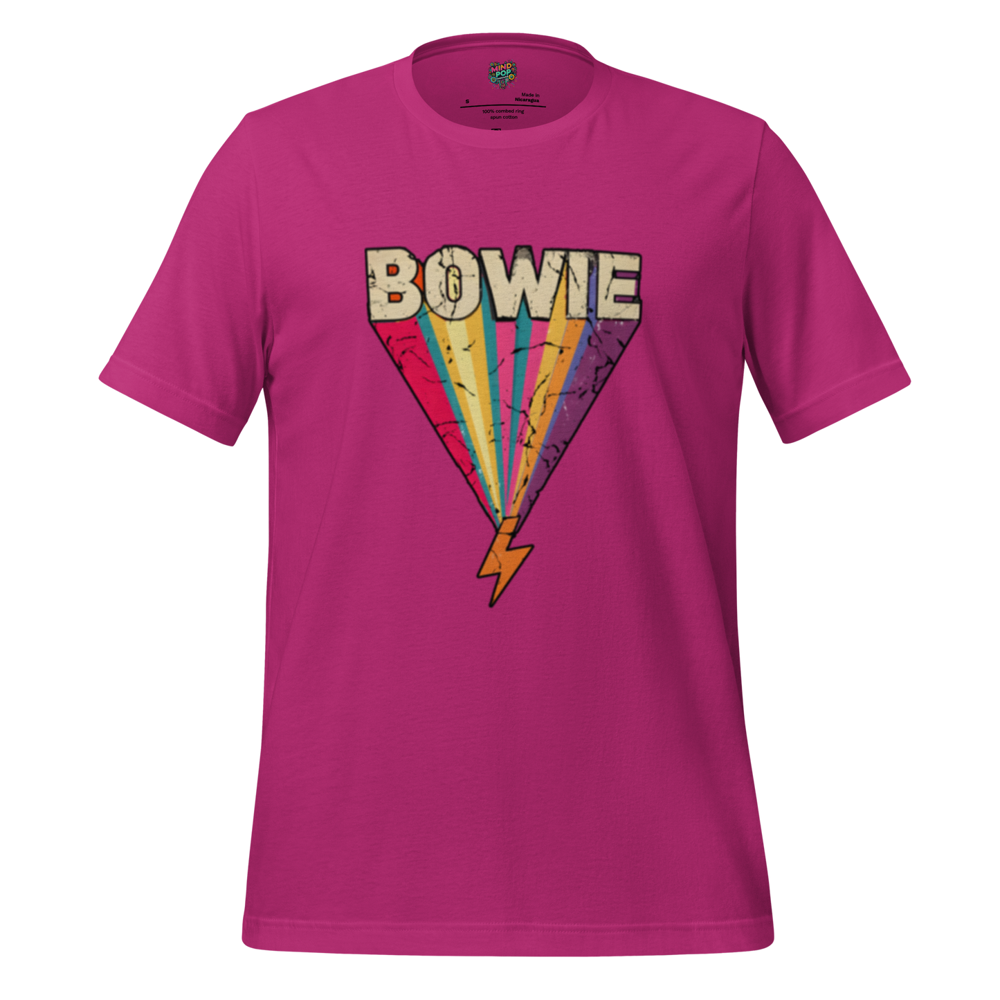 Text radiating from iconic lightning bolt design in tribute to David Bowie — minimalist graphic celebrating glam rock and legendary style