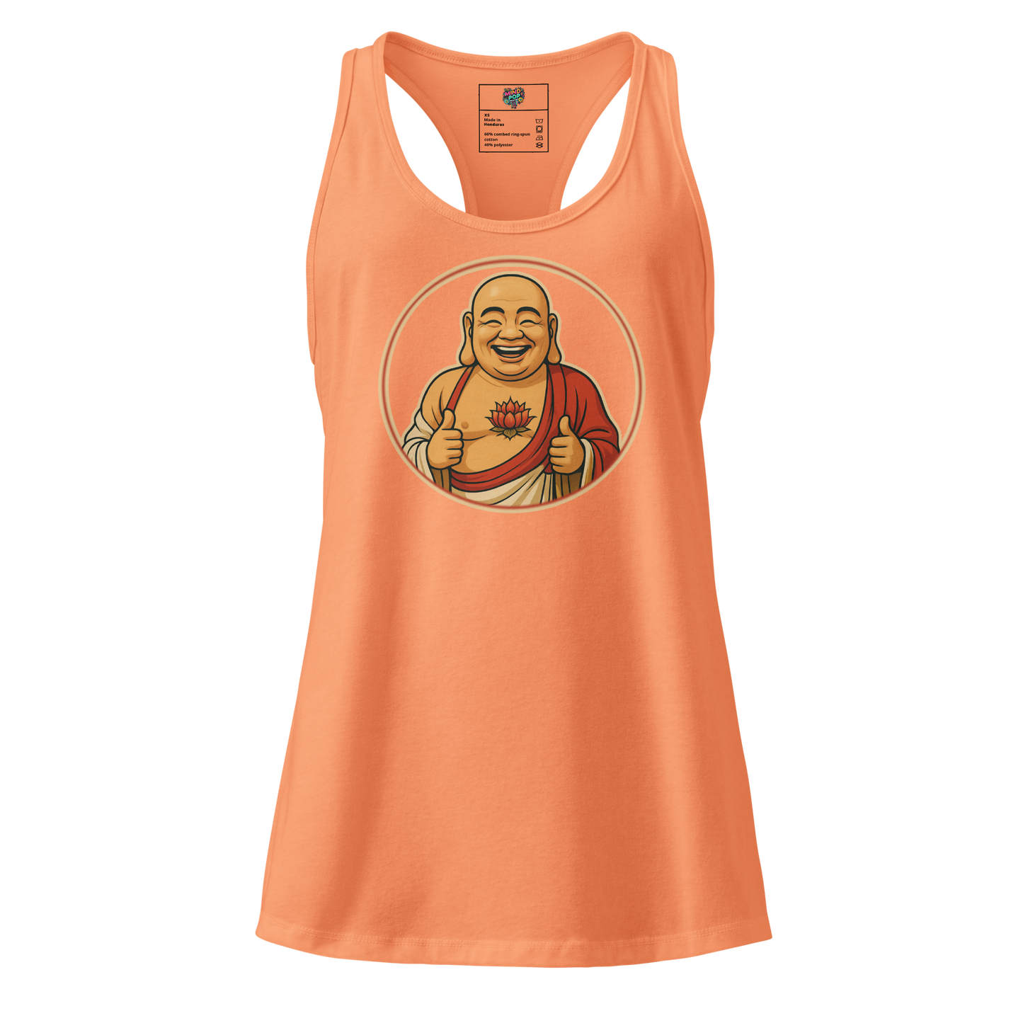 Fitted racerback tank top featuring a cheerful cartoon Buddha illustration — “Buddy Buddha” design for laid-back spiritual types and snarky yoga lovers