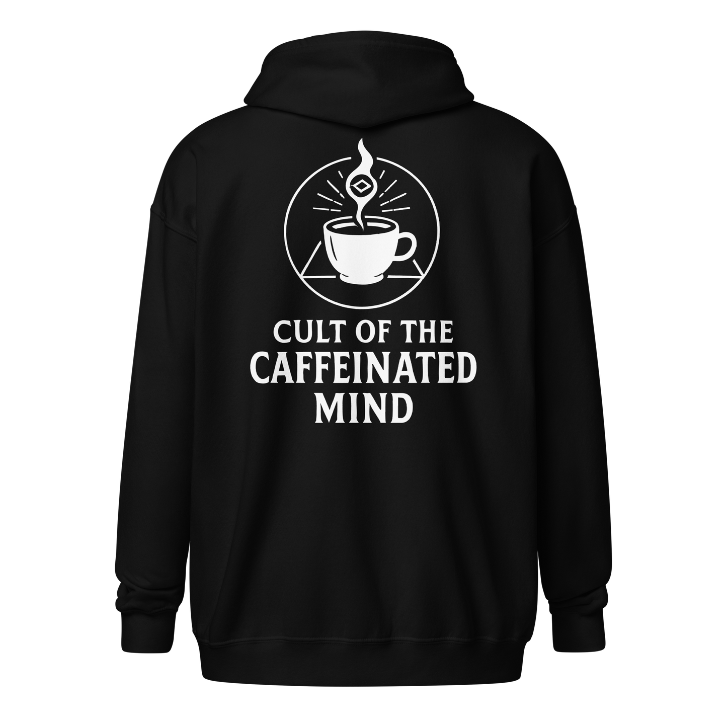 Zip-up hoodie featuring minimalist brain and coffee iconography — “Caffeinated Mind” design for thinkers, jittery creatives, and over-caffeinated introverts