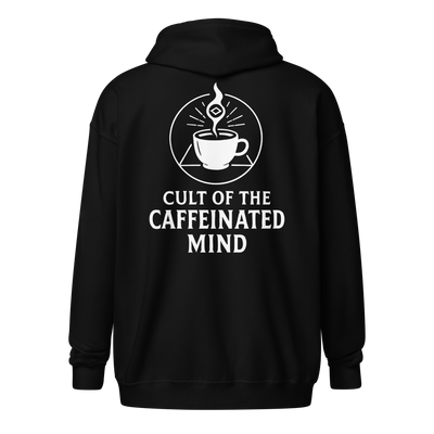 Zip-up hoodie featuring minimalist brain and coffee iconography — “Caffeinated Mind” design for thinkers, jittery creatives, and over-caffeinated introverts