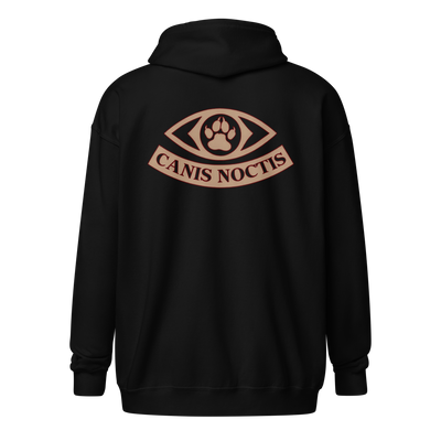 Zip-up hoodie with “Canine Noctus” design featuring a shadowy dog silhouette howling at the moon—dark, mysterious, and loyal to the cult.