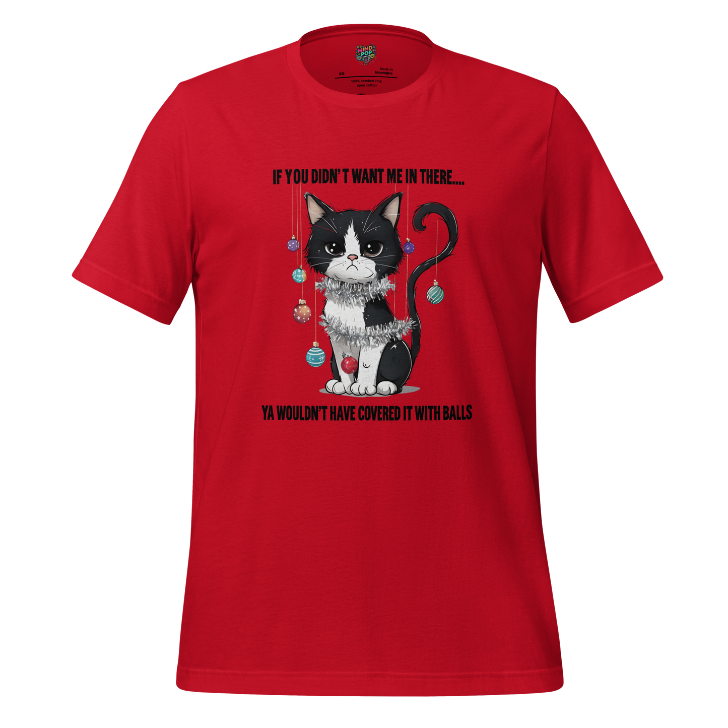 Smug cartoon cat causing destruction in a Christmas tree — funny holiday shirt for cat lovers and festive chaos enthusiasts