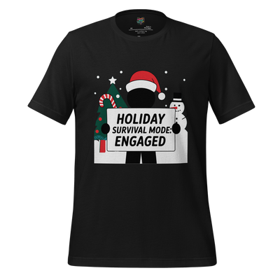 Stick figure braving a chaotic winter scene with tangled lights and snow — funny holiday shirt capturing the true struggle of Christmas survival mode