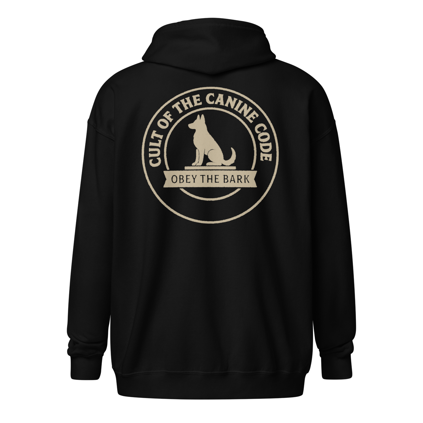 Dog-themed cult-style zip-up hoodie with mystical canine graphic — perfect for dog lovers who worship at the altar of snacks, scritches, and loyalty