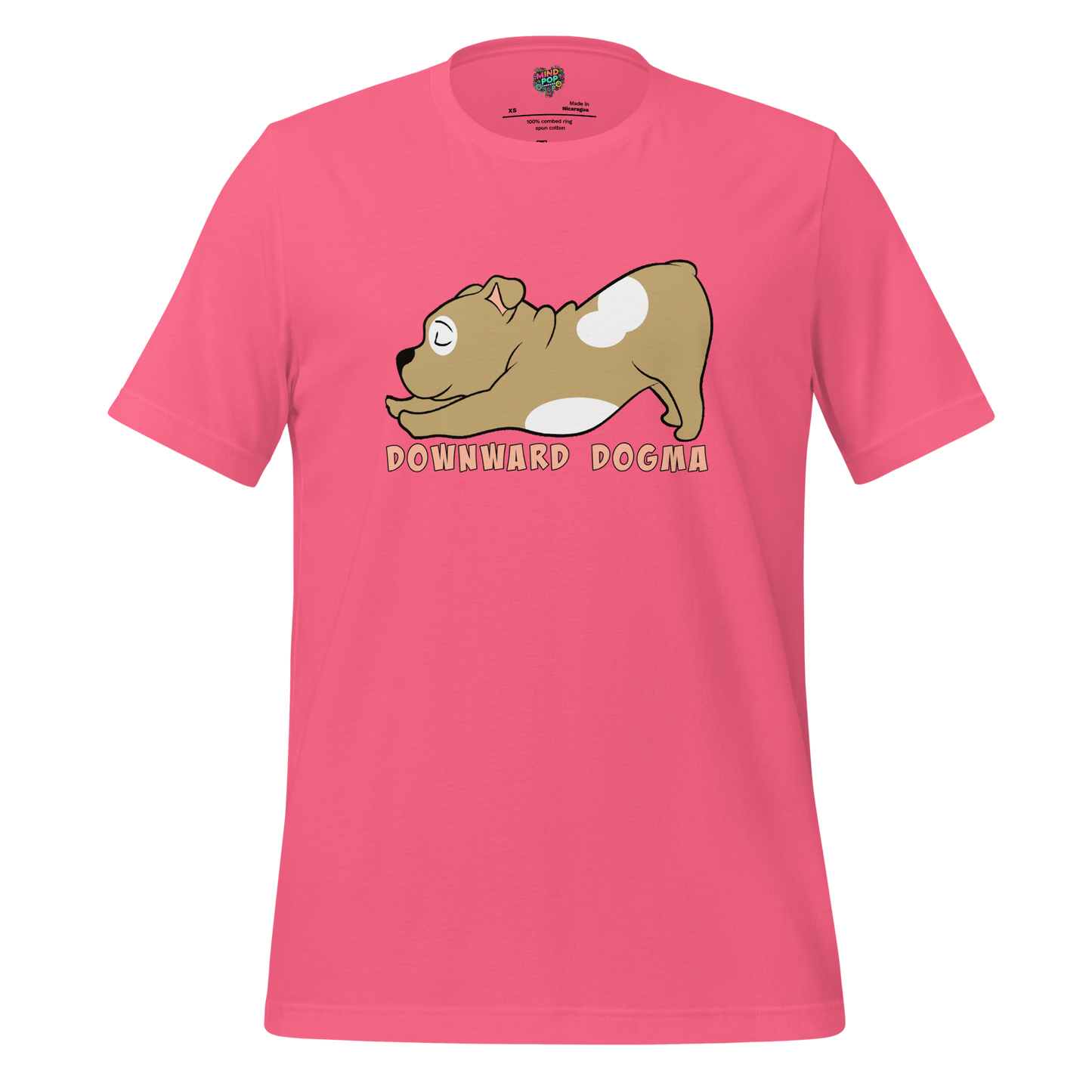 Cartoon dog in downward dog yoga pose with text on Pink shirt