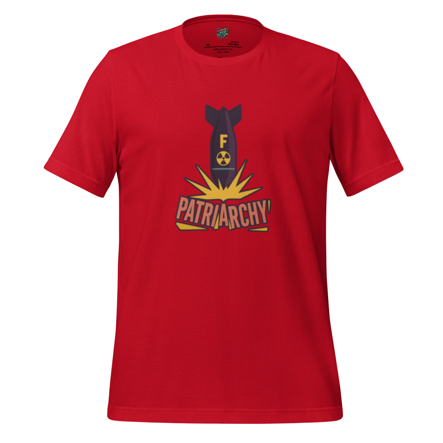 Bold feminist protest shirt featuring a cartoon-style atomic bomb labeled “F*ck” detonating over the word “Patriarchy” — graphic tee for full-volume resistance