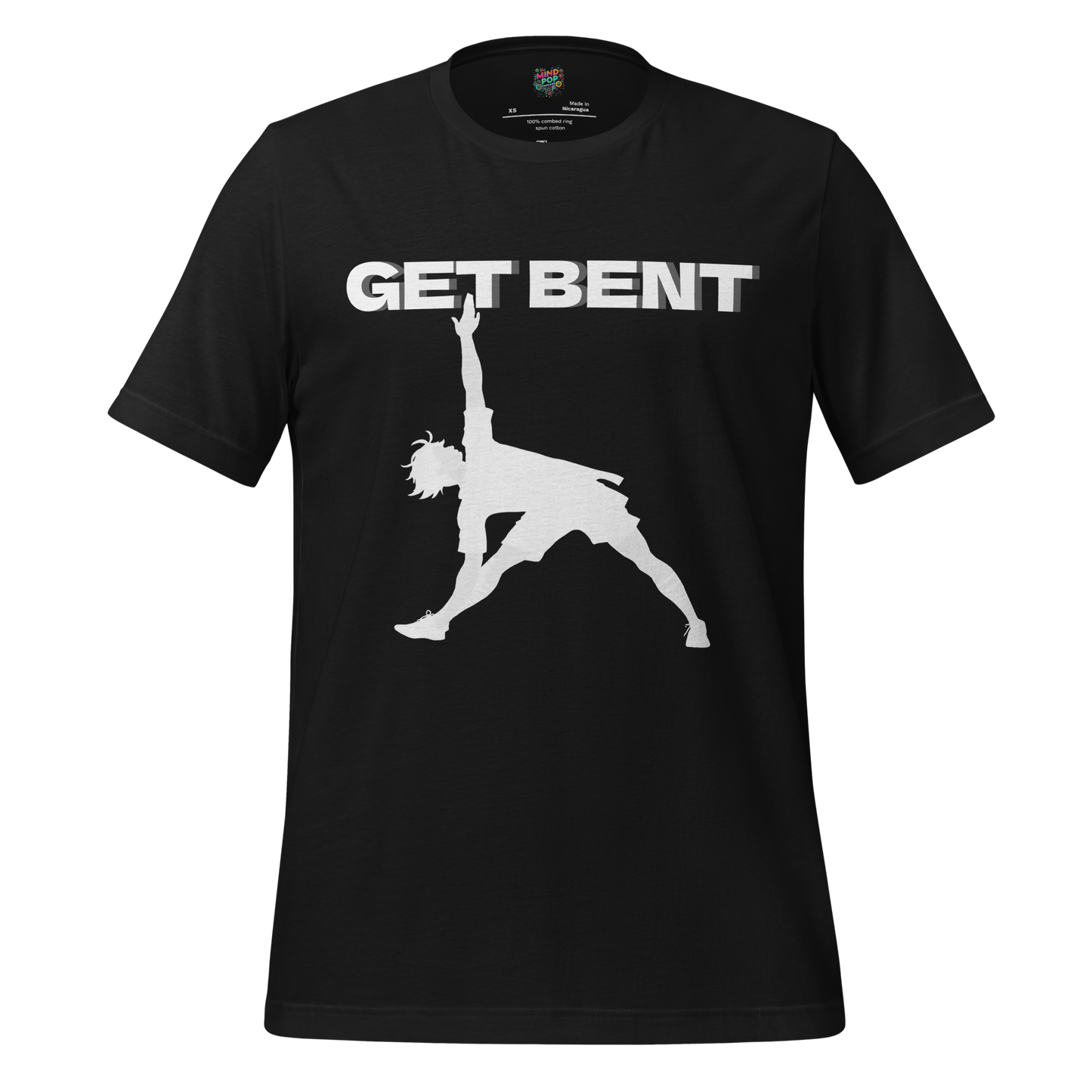 Funny yoga-themed design with text “Get Bent” and a flexible figure mid-stretch — playful pun for bendy people with attitude