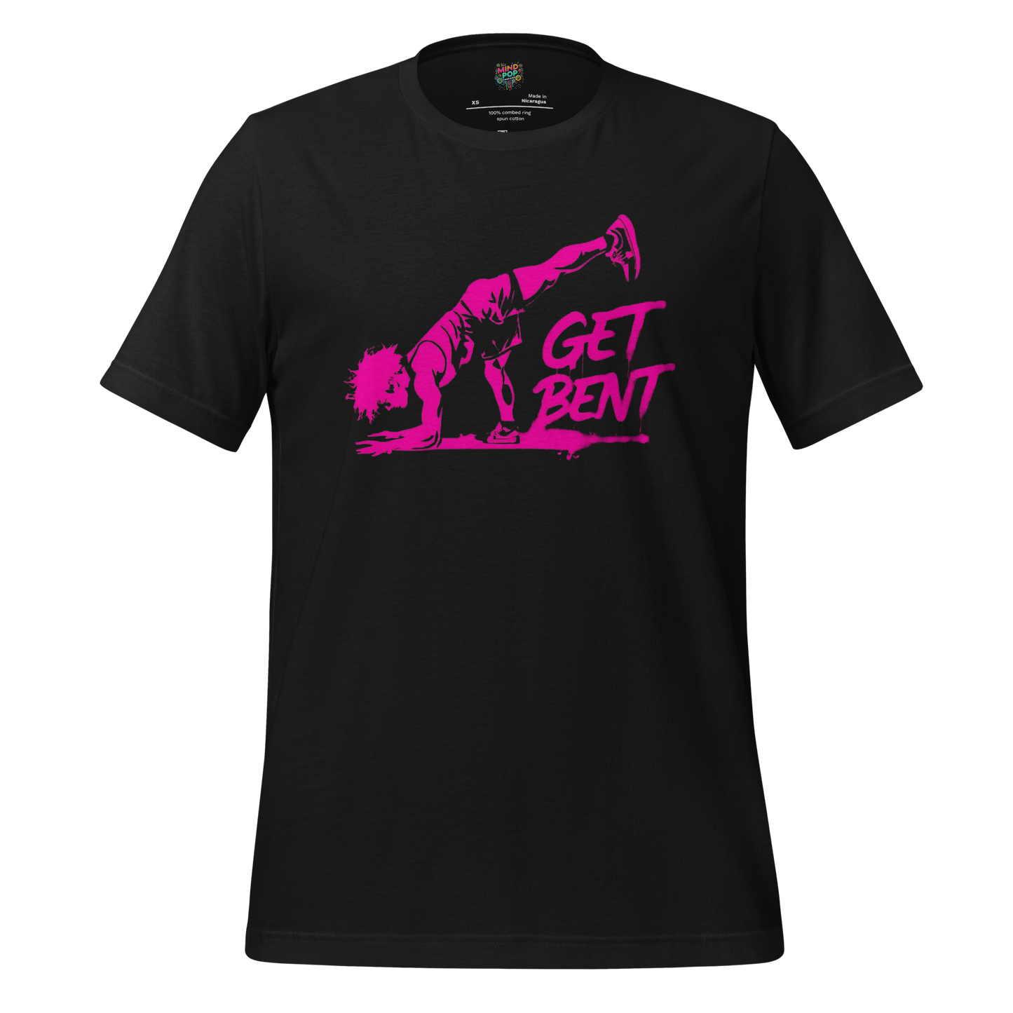 Street art–style yoga shirt with bold text “Get Bent” — perfect for flexible weirdos, unhinged zen seekers, and sarcastic savasana vibes