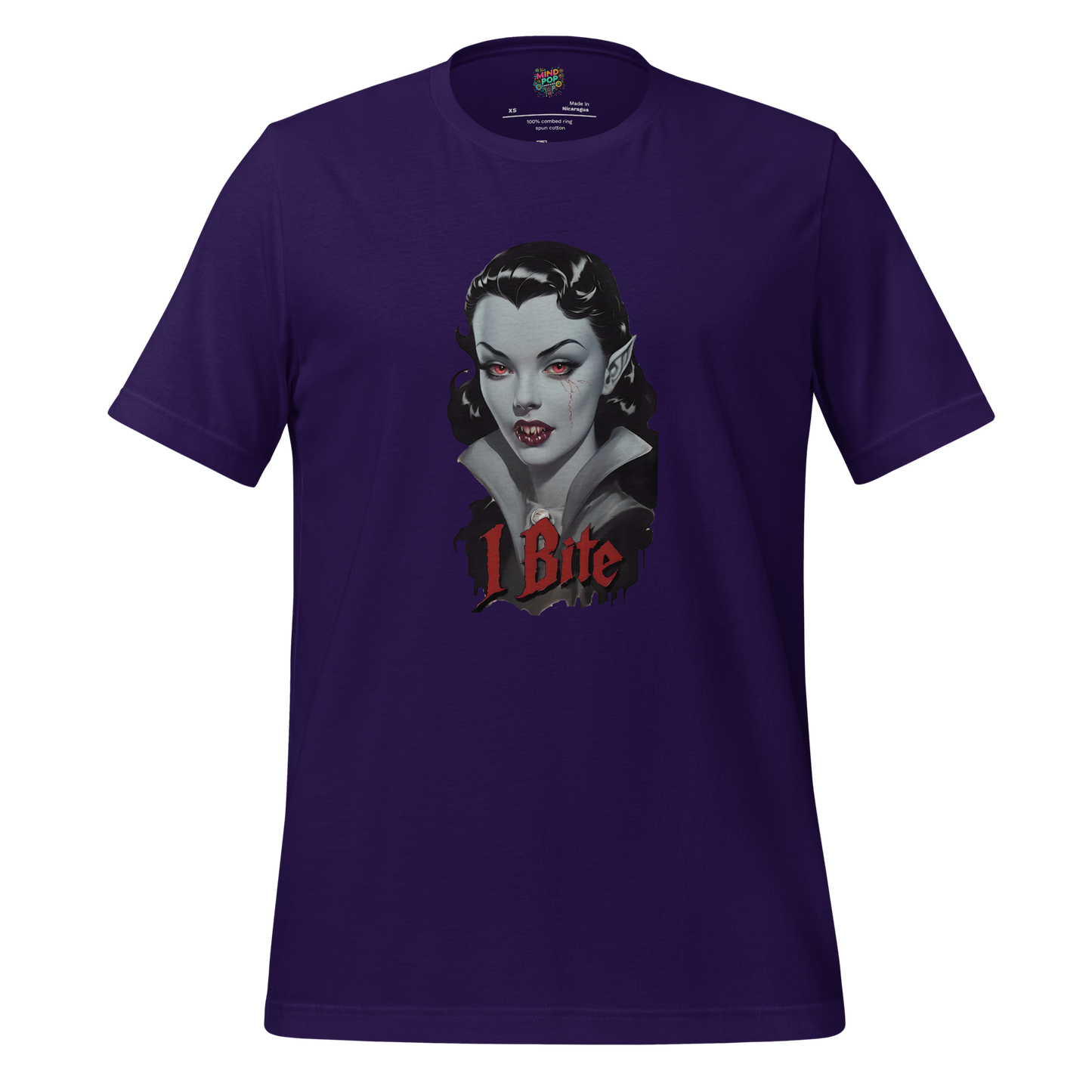 Cartoon vampire with sharp fangs and smug grin next to bold text “I Bite” — playful gothic design with a hint of sass and Halloween charm