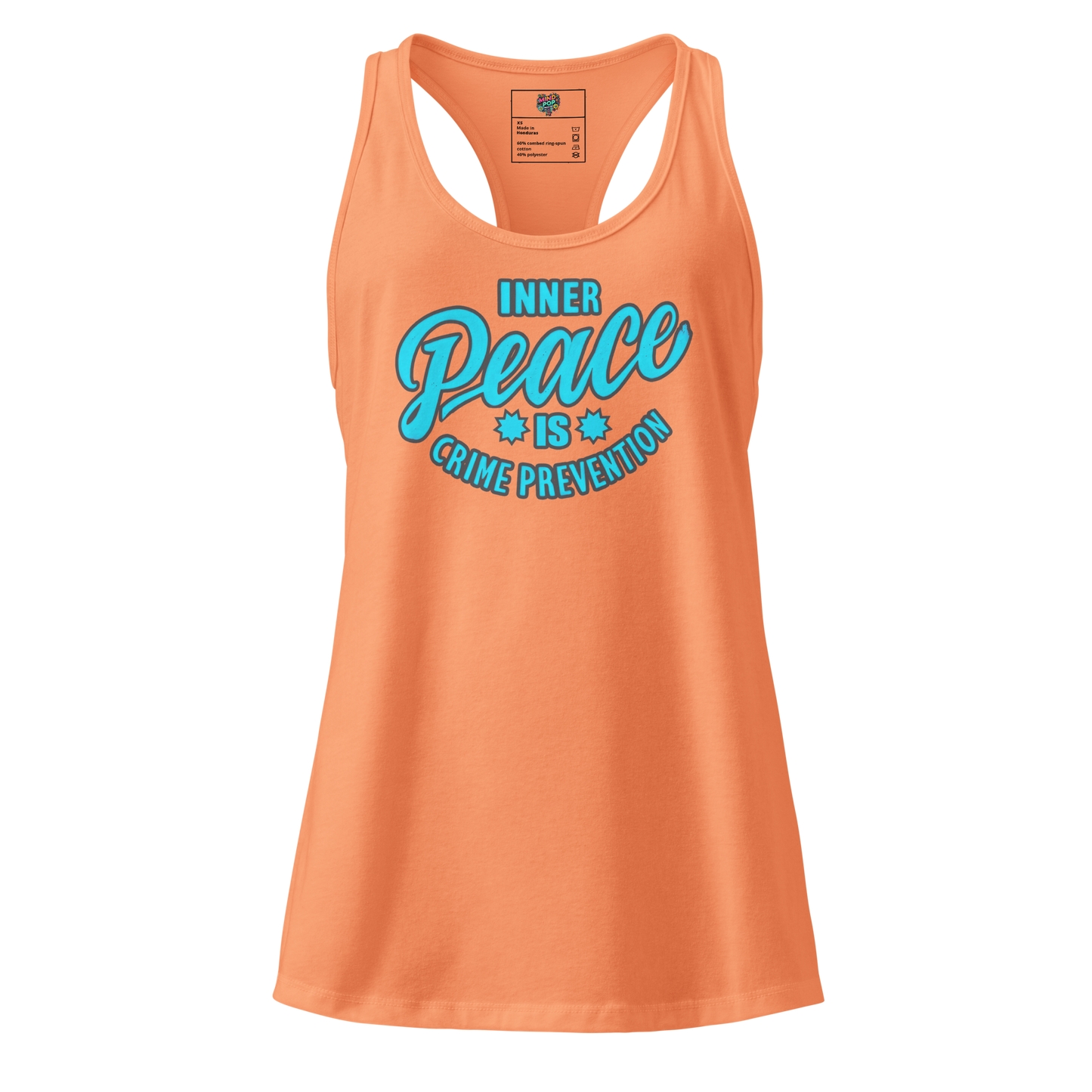 Fitted racerback tank top with the phrase “Inner Peace is Crime Prevention” — funny yoga tank for chaotic souls and sarcastic spiritualists