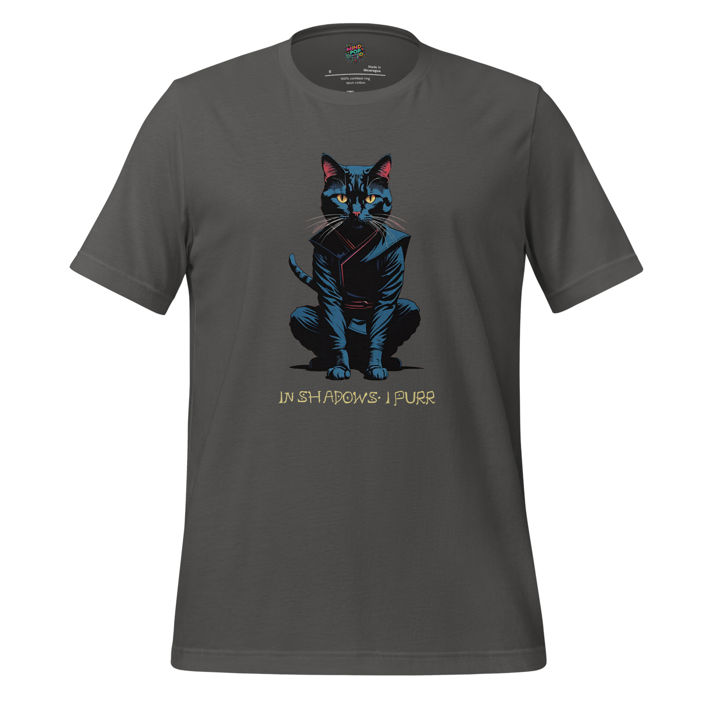Black cat with glowing eyes crouched in shadow with text “In Shadows I Purr” — spooky and elegant feline design with gothic humor