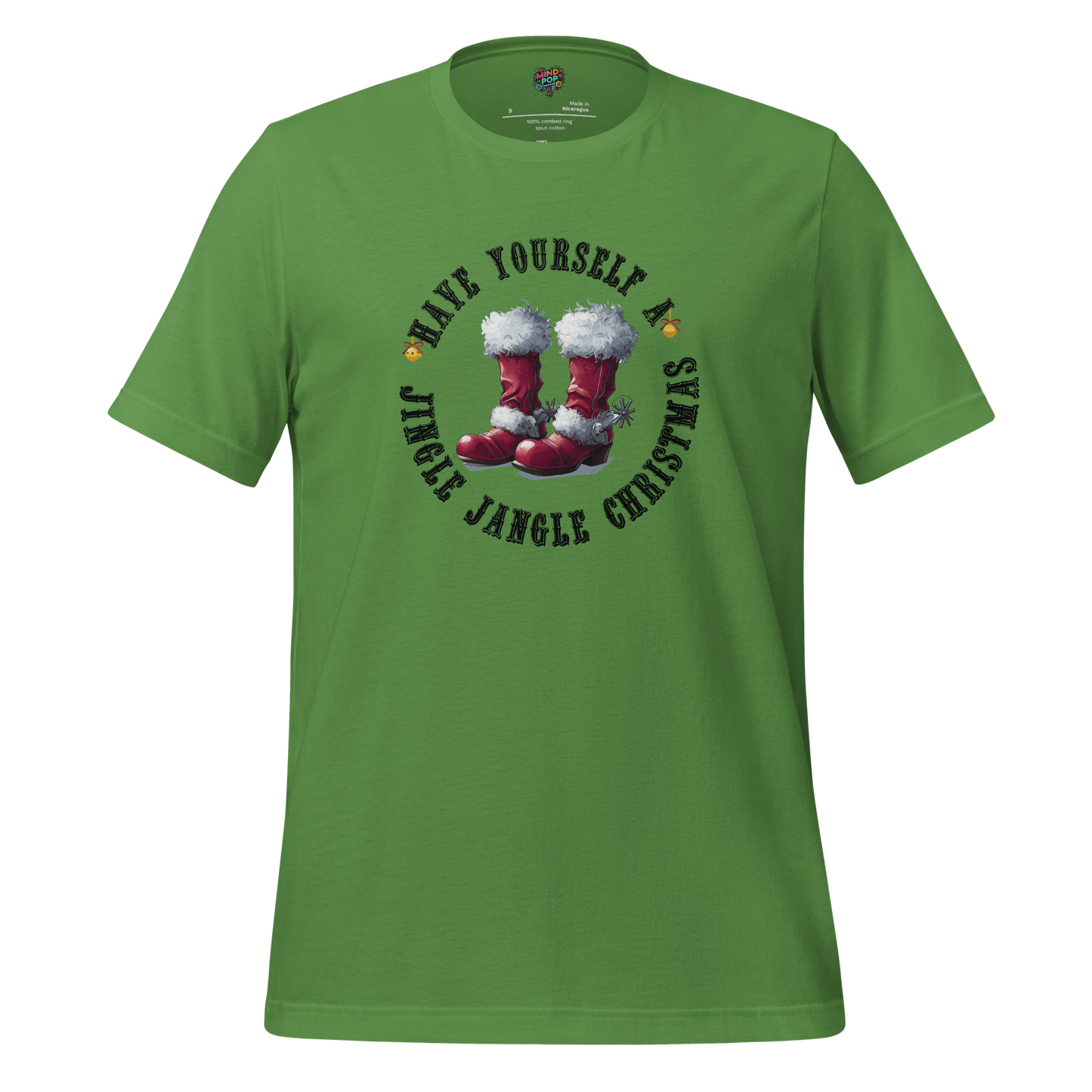 Santa’s boots with shiny cowboy spurs and festive text “Have Yourself a Jingle Jangle Christmas” — Western holiday mashup with twang and cheer