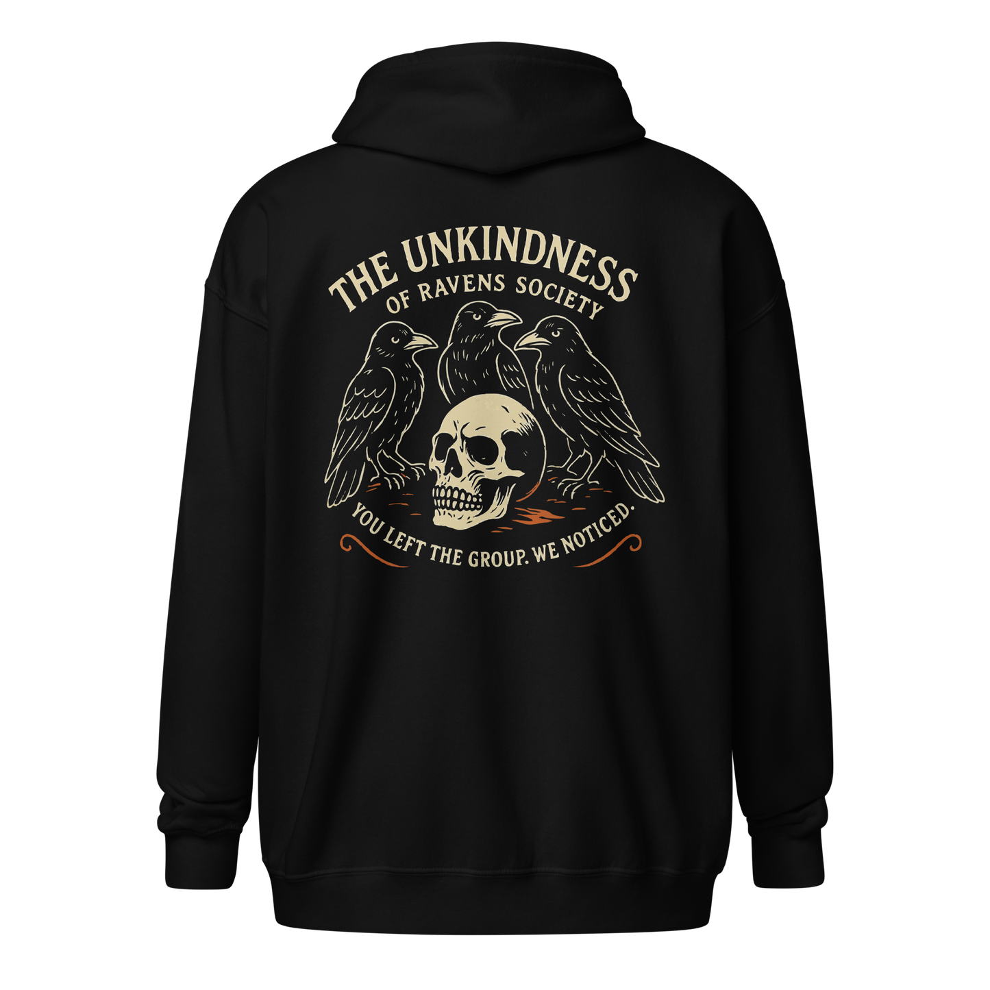 Zip-up hoodie with “The Kindness of Raven” design featuring a dark, mystical raven motif—perfect for poetic brooding and stylish shadows