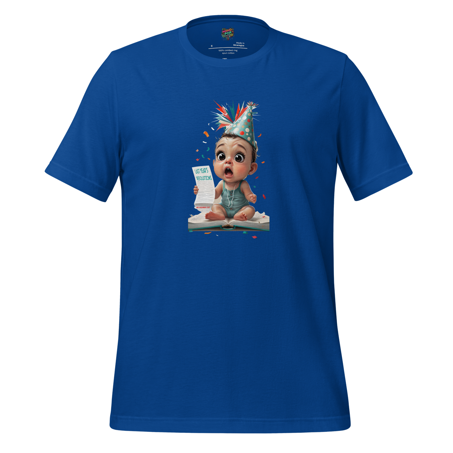 Crying cartoon baby holding a list of last year’s resolutions — funny New Year shirt for procrastinators and goal-setting failures