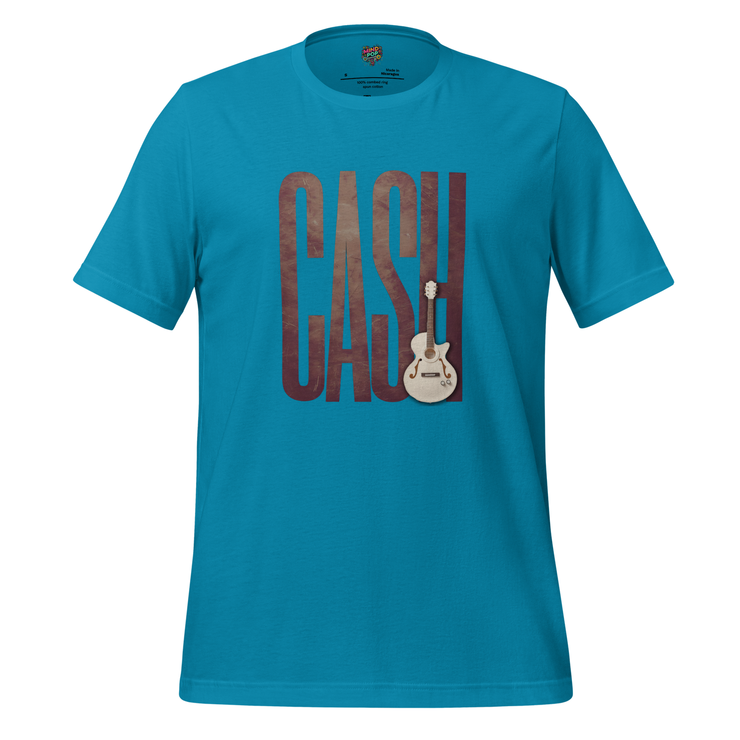 Text tribute to Johnny Cash with faux leather texture, bold “Man in Black” lettering, and a white country guitar — rugged country music homage
