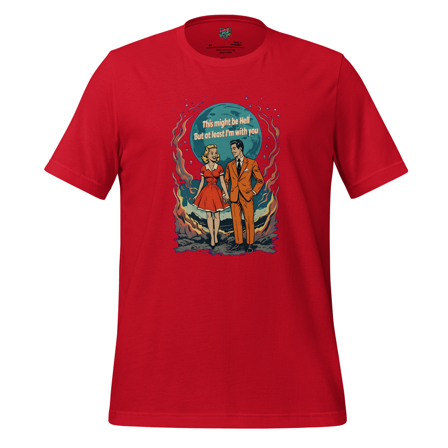 Smiling 1950s-style couple surrounded by flames with text “Love Is Hell” — darkly romantic retro design for those who burn together