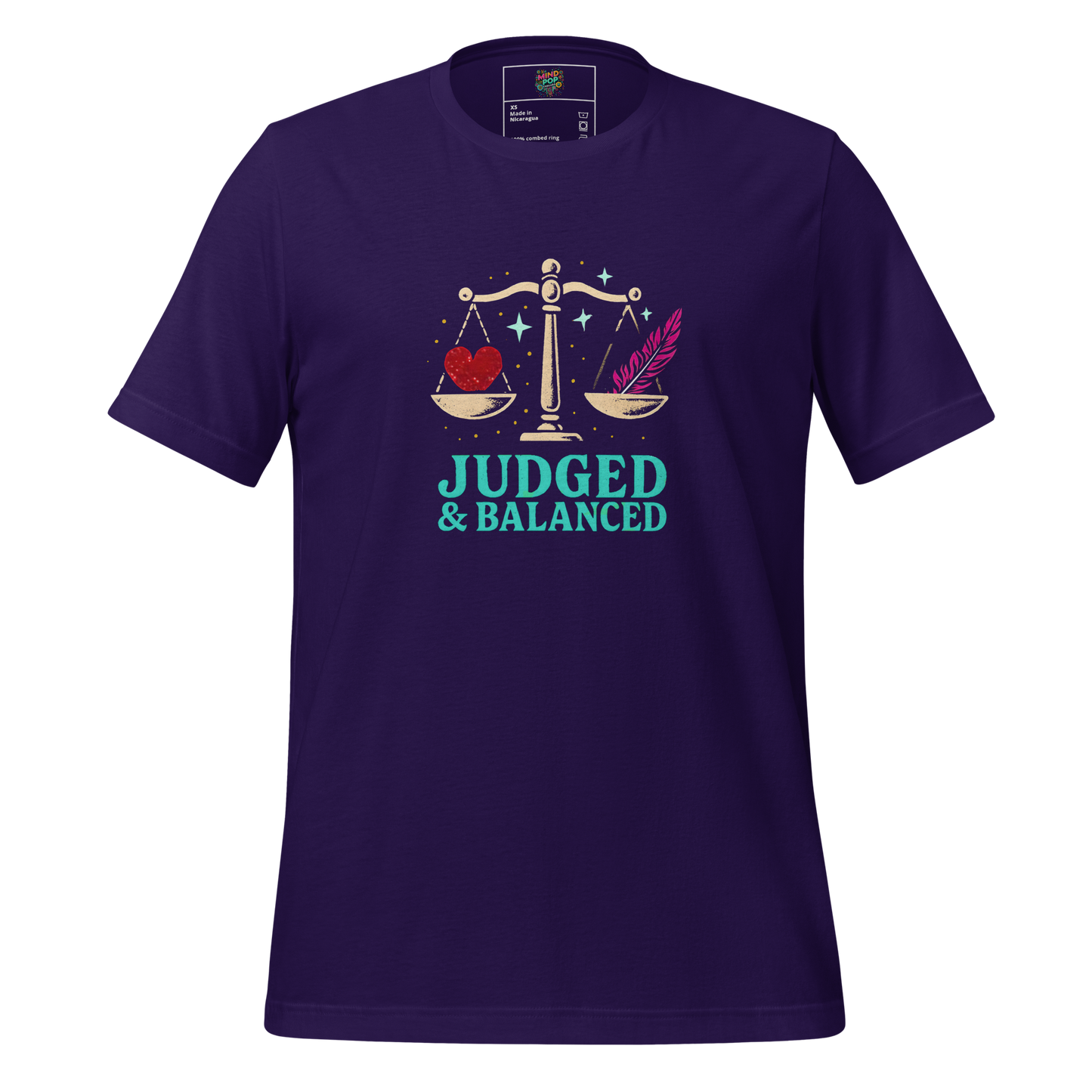 Egyptian-inspired shirt featuring a stylized feather of Ma’at and the phrase “Judged and Balanced” — funny yet spiritual tee for truth seekers and accountability queens