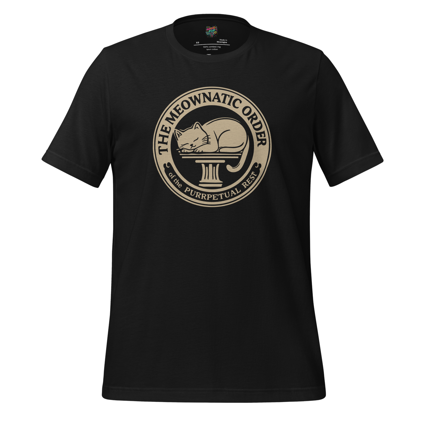 Funny mystical cat cult shirt with the phrase “The Meownatic Order of the Purrrpetual Rest” — perfect for cryptic cat lovers and nap-obsessed introverts