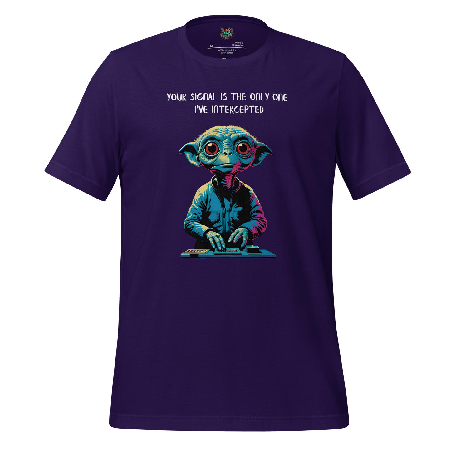 Cartoon alien receiving a heart-shaped signal in a UFO — quirky extraterrestrial love design with sci-fi charm and romantic static
