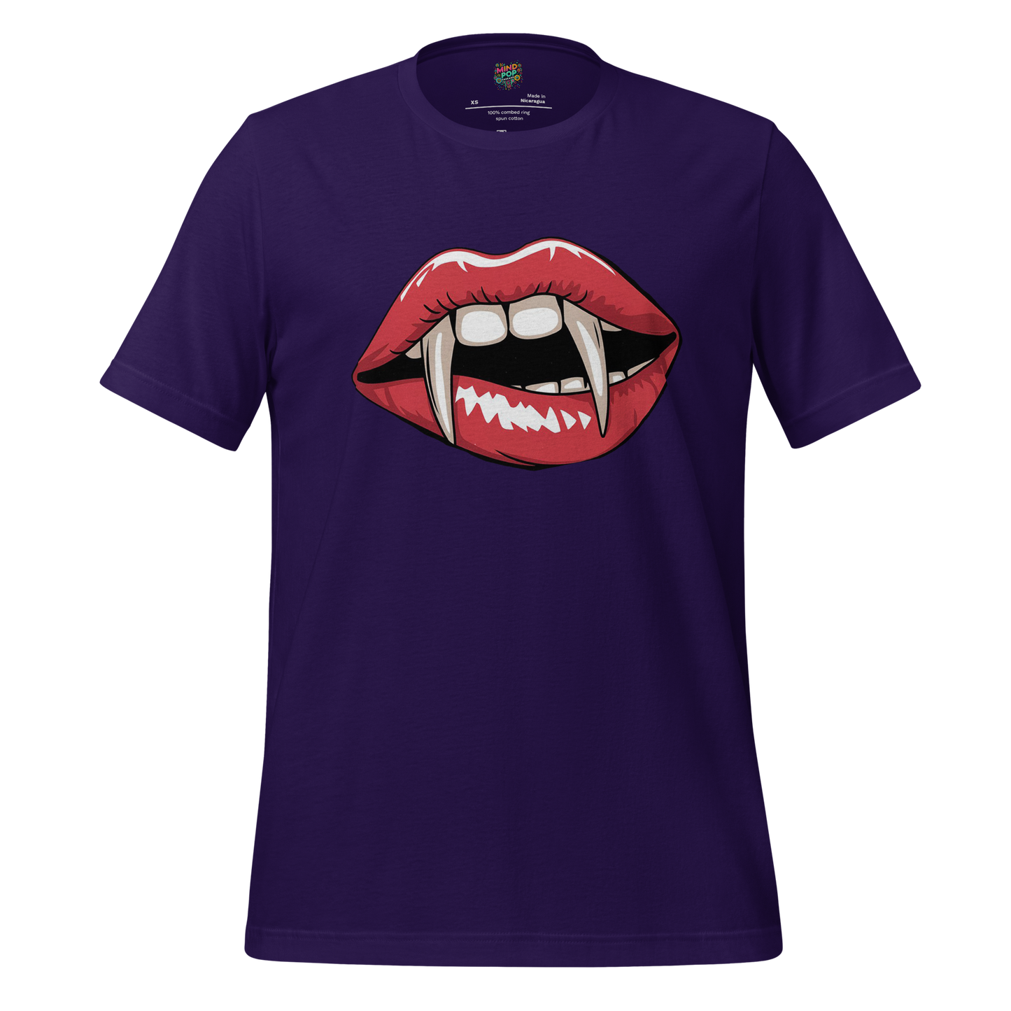 Stylized vampire lips with sharp fangs and dripping blood under the phrase “Midnight Showing” — seductive gothic design with horror movie flair