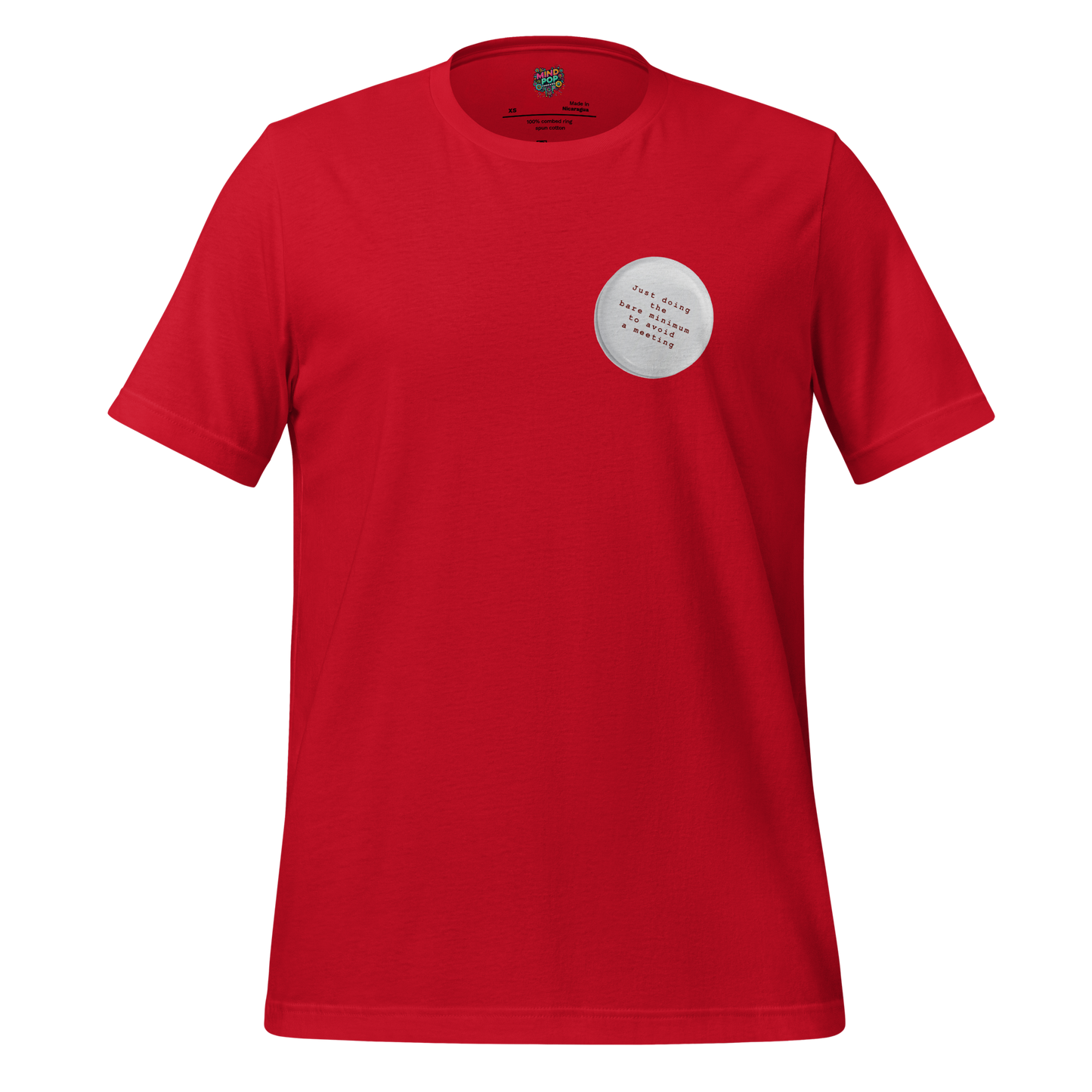 Funny minimalist shirt with a single cartoon pin design, parodying workplace flair requirements with deadpan style
