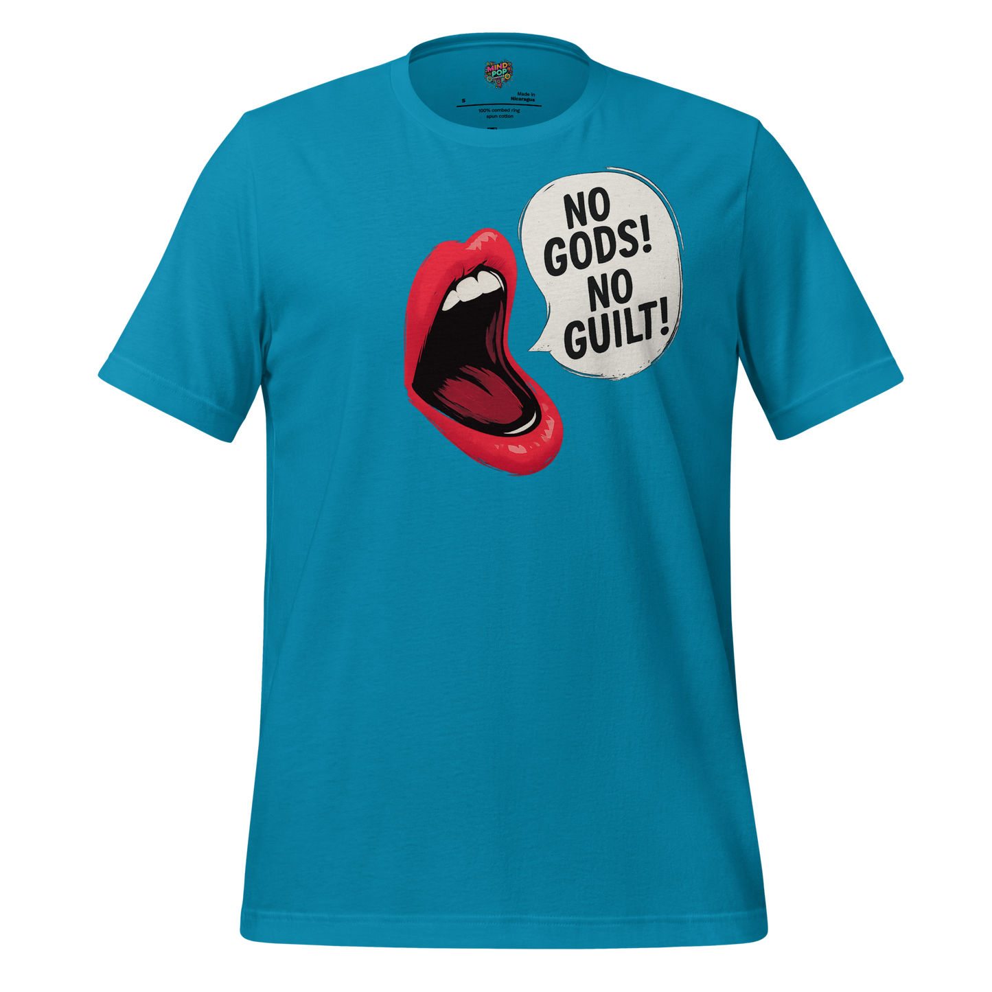 Illustrated open mouth with screaming lips and text “No Gods No Guilt” — rebellious punk design with feminist rage and anti-authority flair