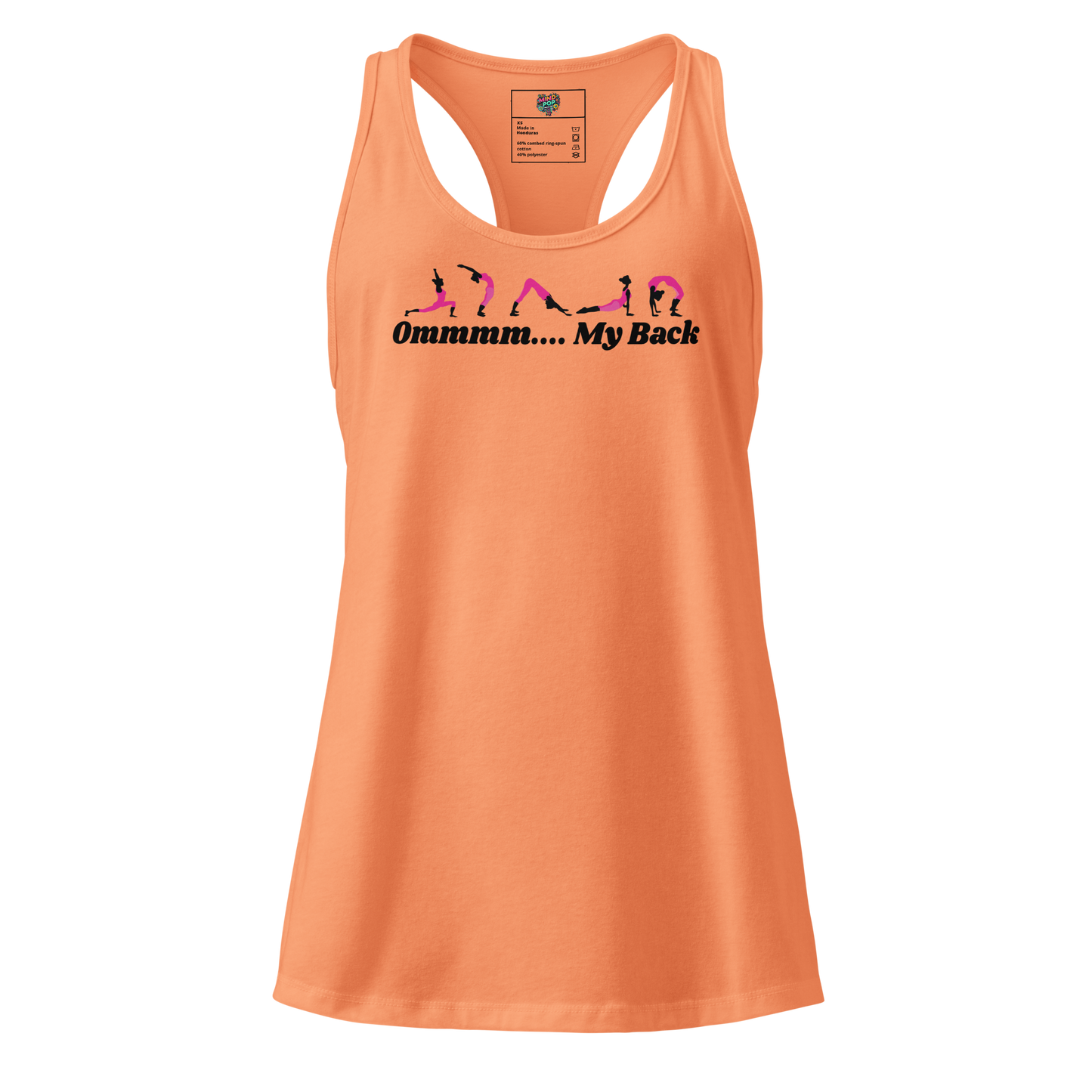 Fitted racerback tank top with the phrase “Ommm... My Back” — funny yoga shirt for sore stretchers, sarcastic yogis, and midlife mindfulness fans