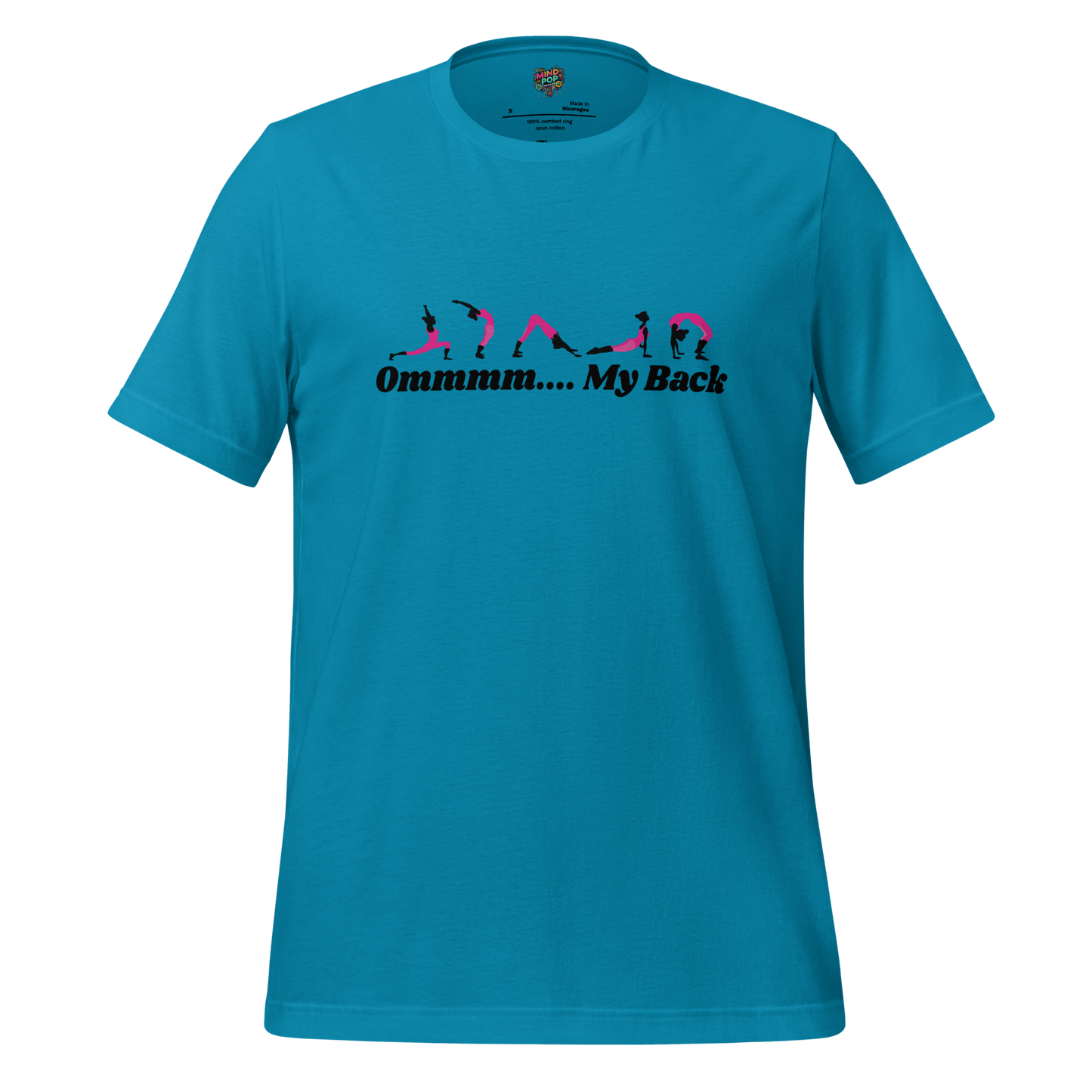Snarky yoga shirt with retro type reading “Ommm My Back” — perfect for spiritually exhausted midlife stretchers