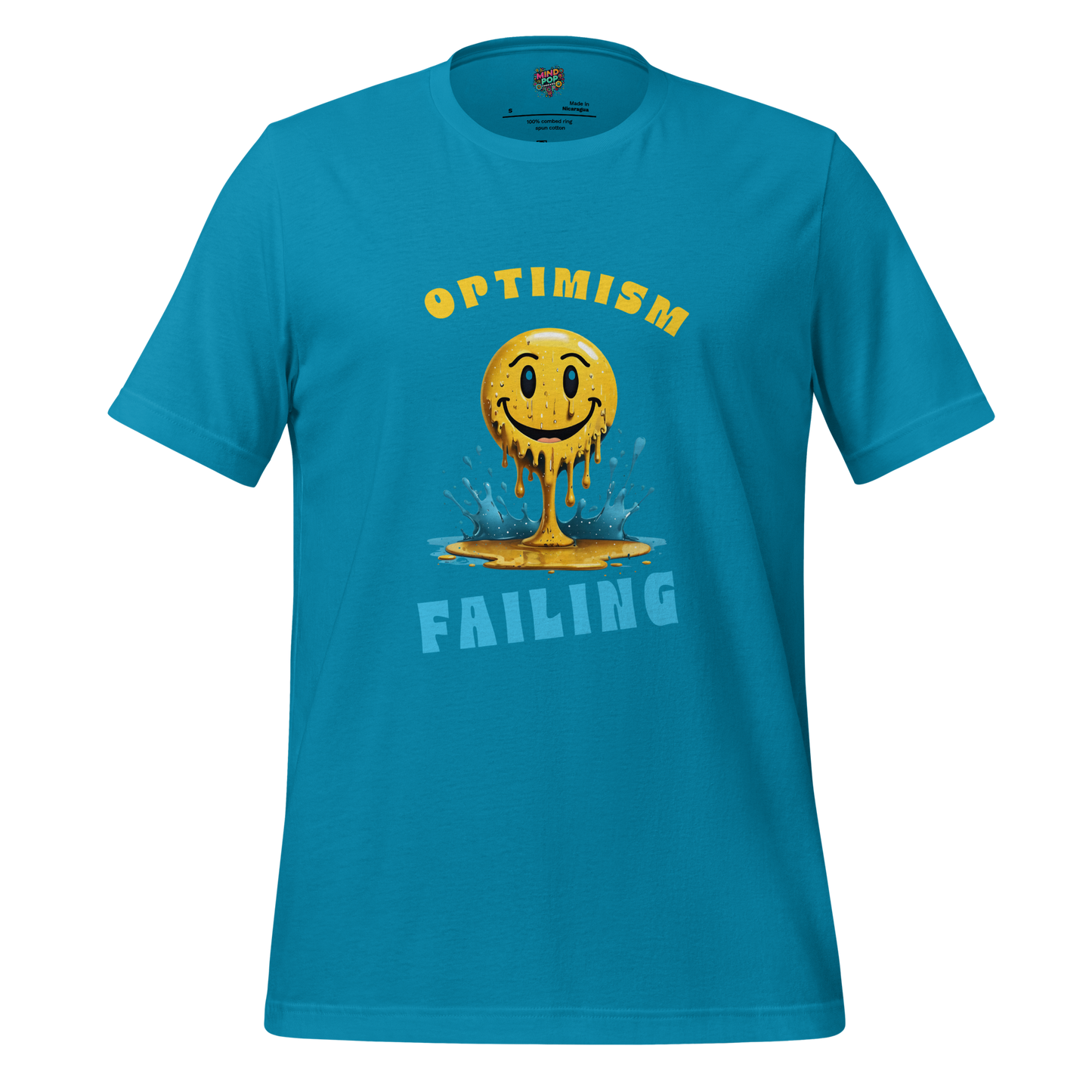 Text design reading “Optimism Failing” with melting smiley face , moody style — perfect for introverts and existential doom scrollers faking inner peace