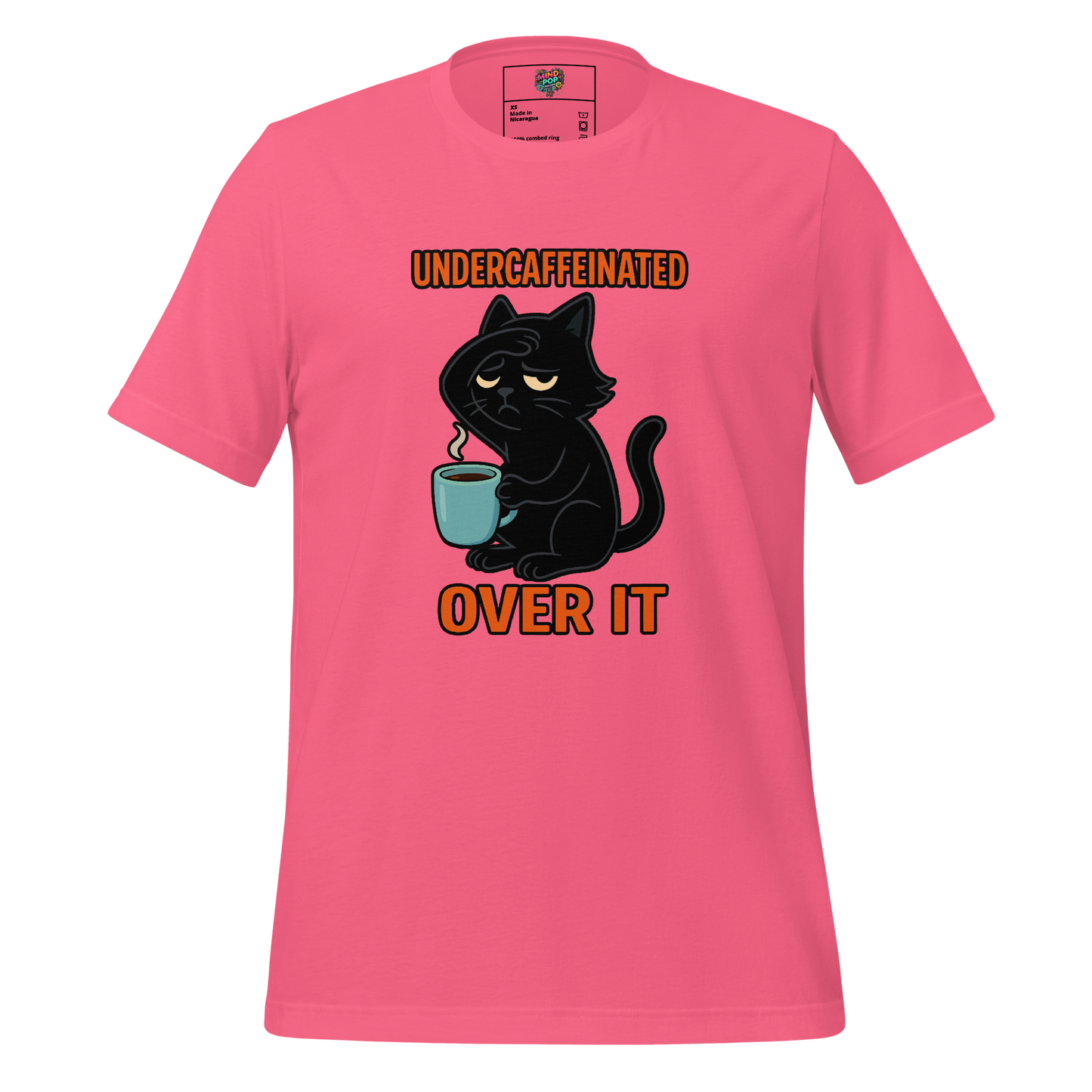 Grumpy cartoon cat with coffee cup and deadpan expression — burnout design for the emotionally unavailable and caffeine-dependent