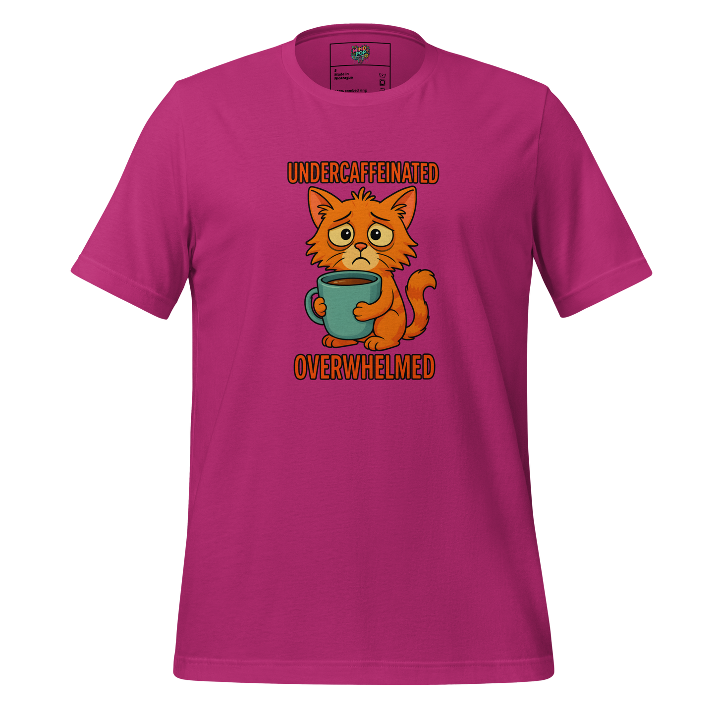 Funny cat shirt with wide-eyed overwhelmed kitty surrounded by paperwork and chaos — perfect for stressed-out humans and emotionally fried introverts