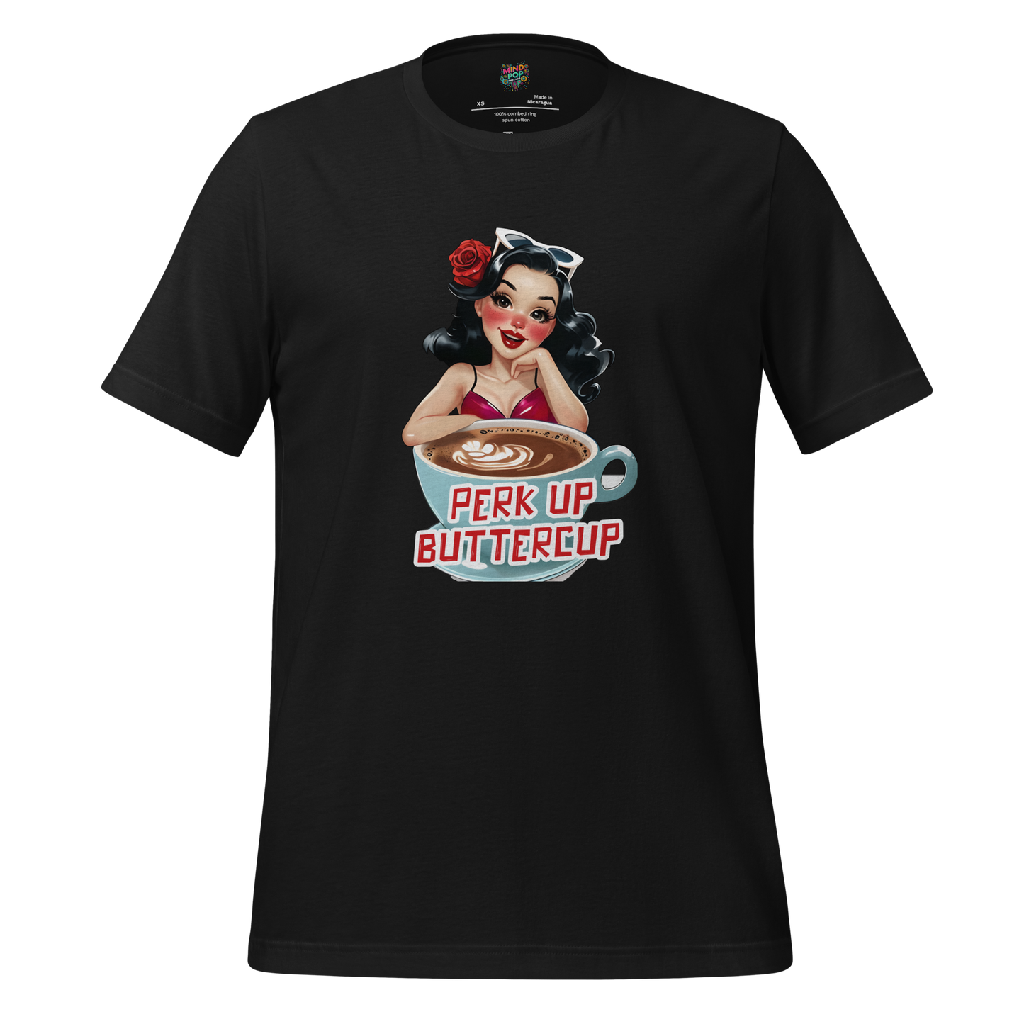 Retro pin-up girl holding a giant coffee cup with bold text “Perk Up, Buttercup” — vintage-style design with caffeine-fueled sass