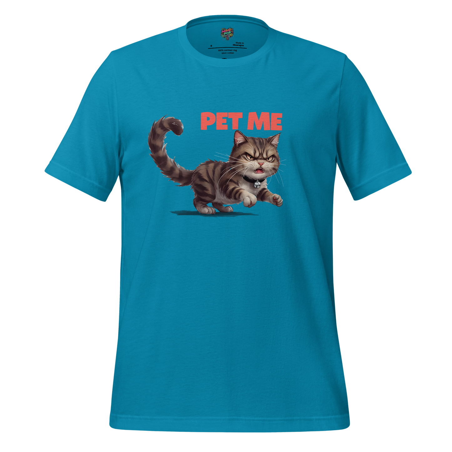 Funny cat shirt featuring a grumpy cartoon cat with narrowed eyes and the phrase “Pet Me” — sarcastic tee for emotionally unpredictable introverts and feline fans