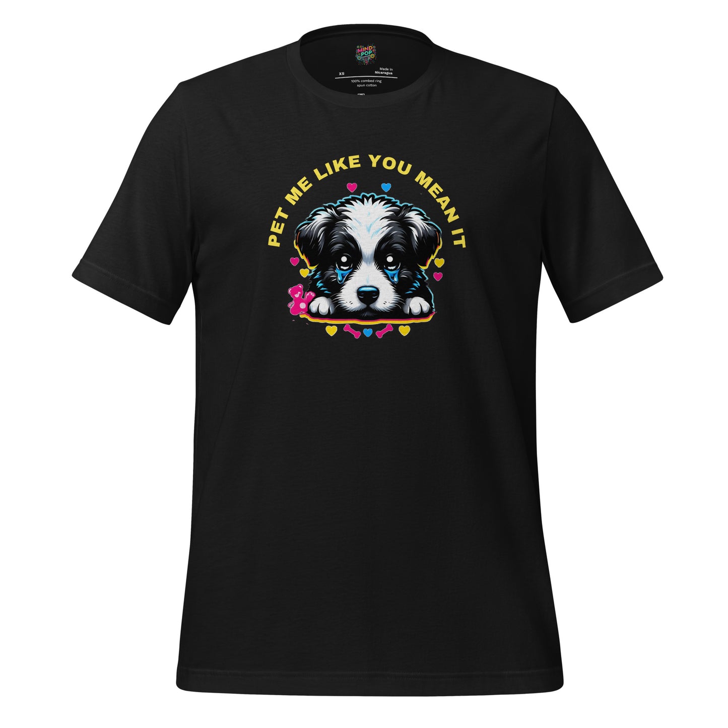 Funny dog shirt with cartoon puppy and the phrase “Pet Me Like You Mean It” — adorable tee for affectionate dog lovers and clingy pet parents