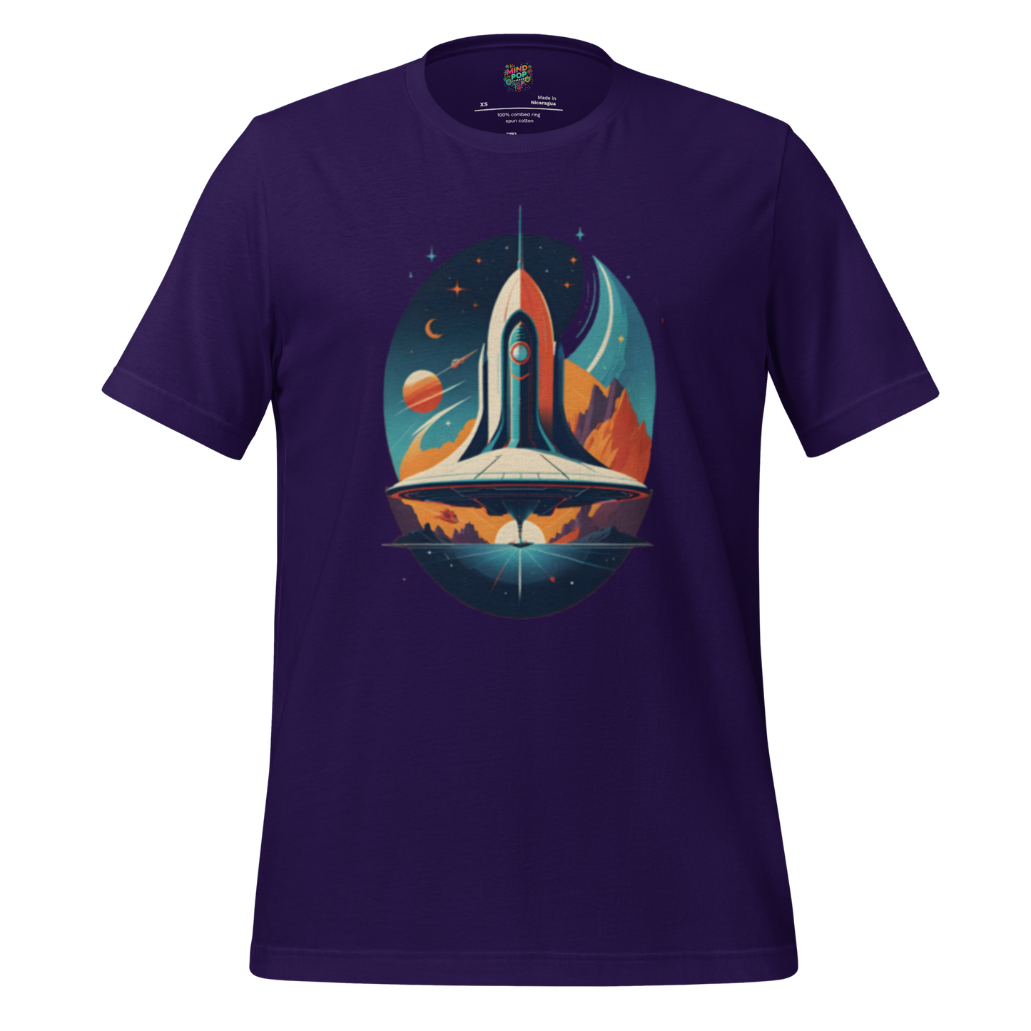Graphic-only retro rocket shirt inspired by 1930s–40s pulp comics — bold vintage-style spaceship design with classic space adventure vibes