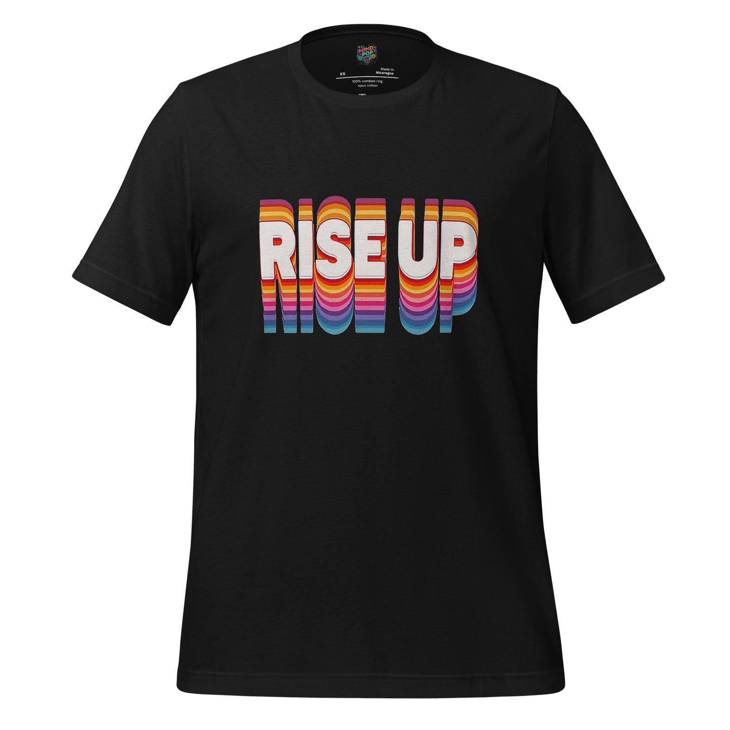 Bold “Rise Up” text in 70s-style rainbow lettering — vintage-inspired protest design with modern rebellious soul and retro flair