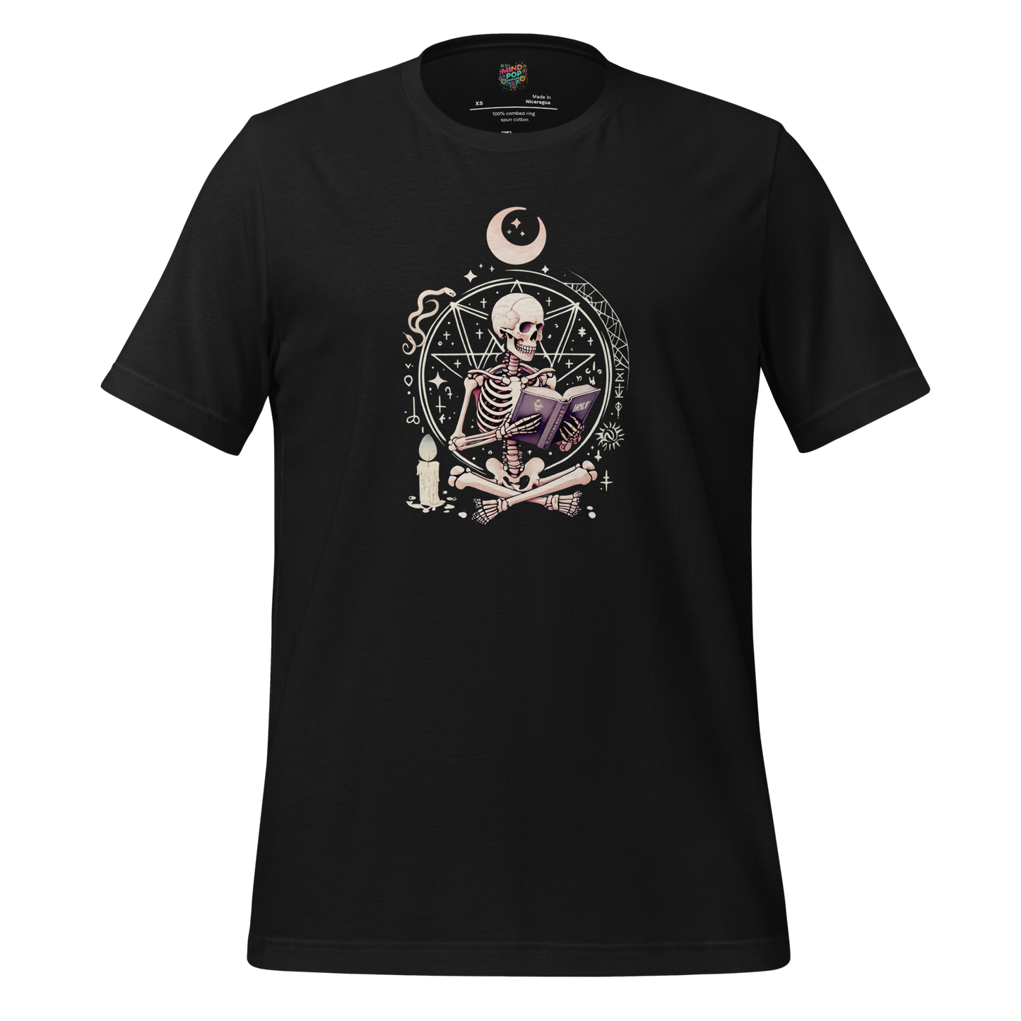 Dark witchy shirt featuring a skeleton reading a sacred book while seated in a ritual circle — eerie design blending faith, fear, and folklore