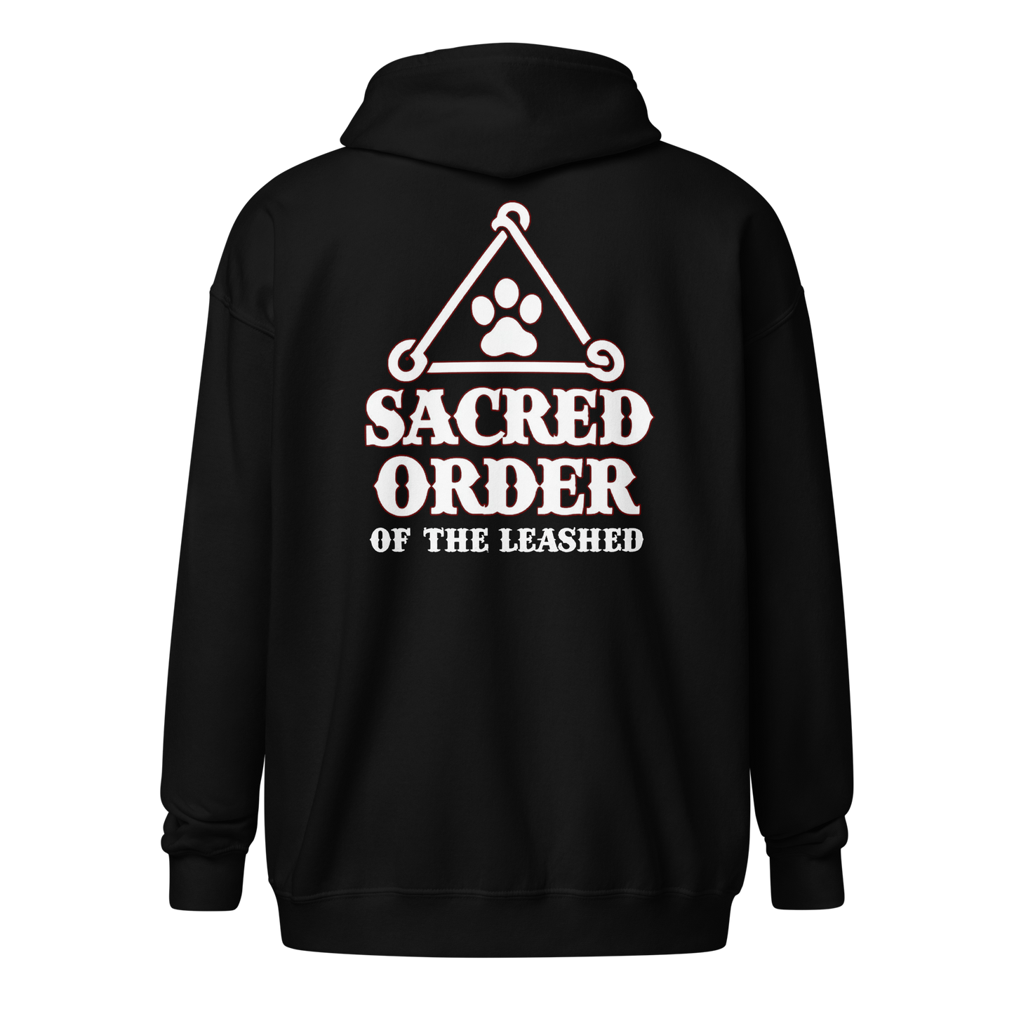 Zip-up hoodie with “Sacred Order of the Leashed” cult-style design featuring a mystical dog emblem—perfect for loyal pets and their humans