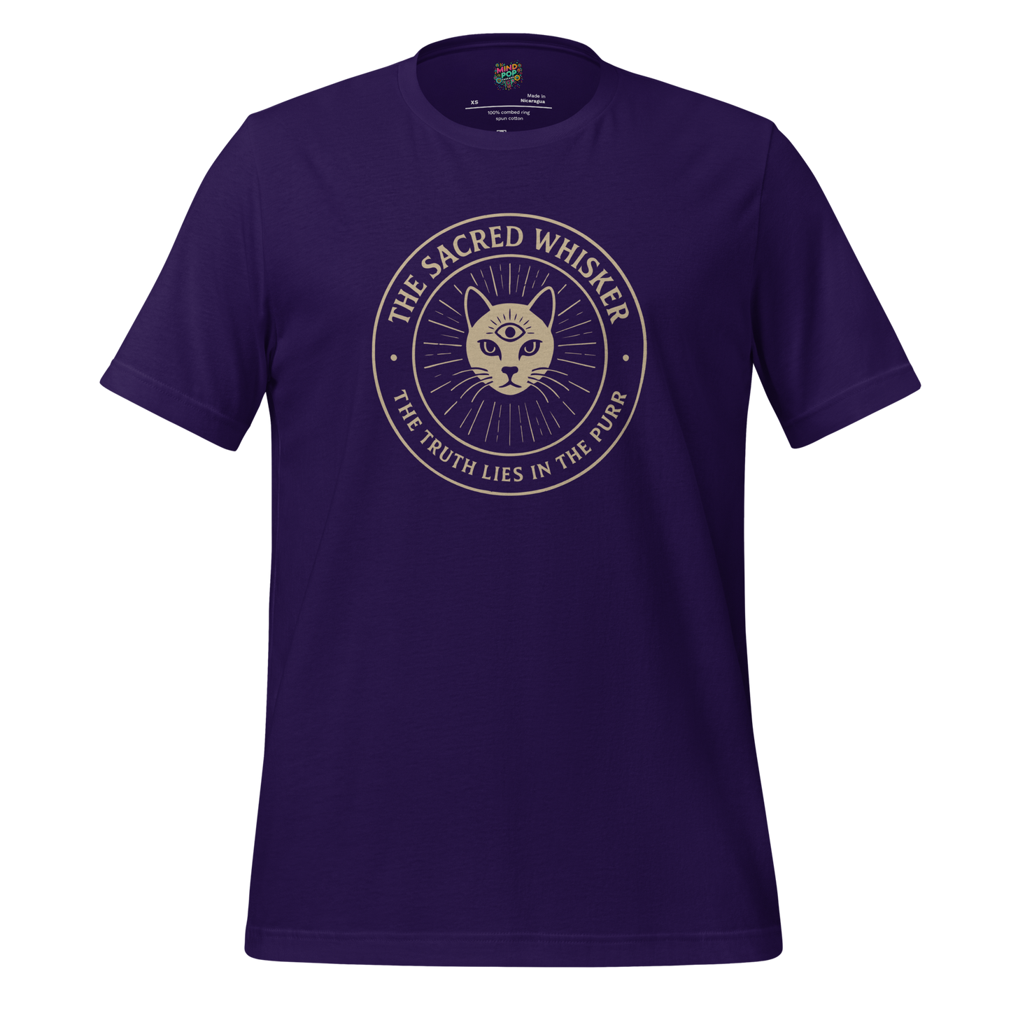 Funny cat cult shirt with mystical feline design and the phrase “The Sacred Whisker” — perfect for floof worshippers and litter box disciples