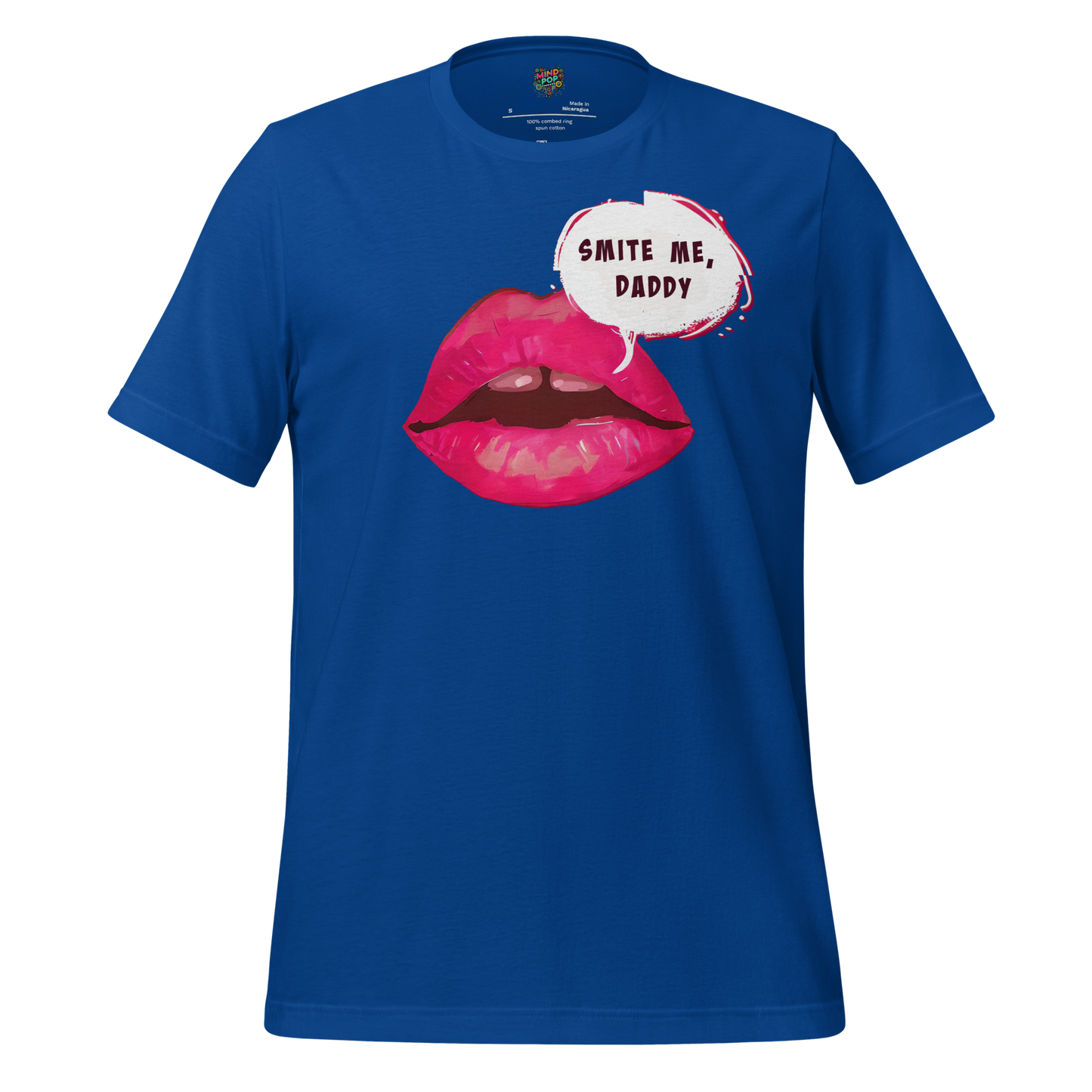 Bold graphic of lips with lightning and text “Smite Me Daddy” — irreverent design blending divine wrath and chaotic thirst with snarky style