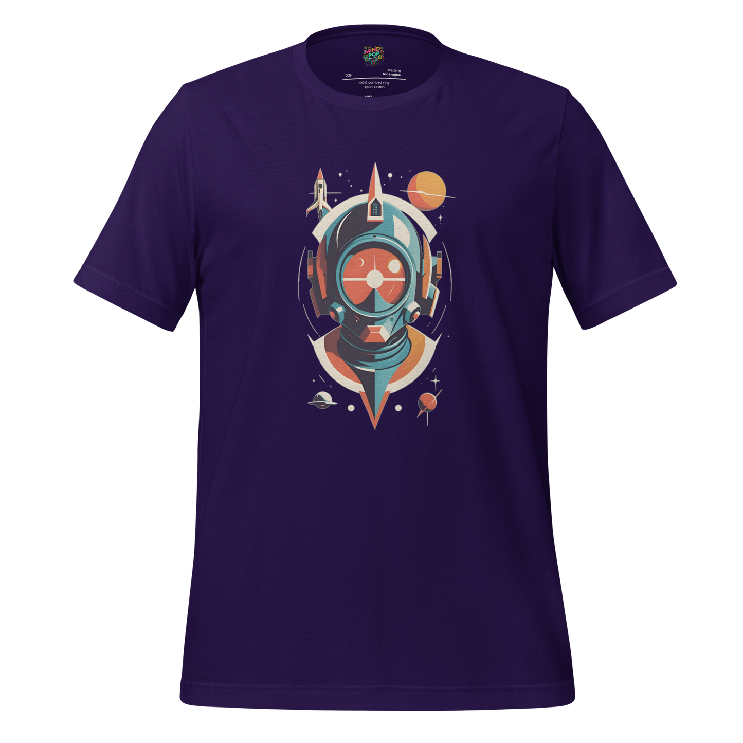 Vintage-style shirt with 1930s-inspired graphic of a retro space man in bubble helmet and raygun — no text, classic sci-fi design with bold lines and cosmic flair