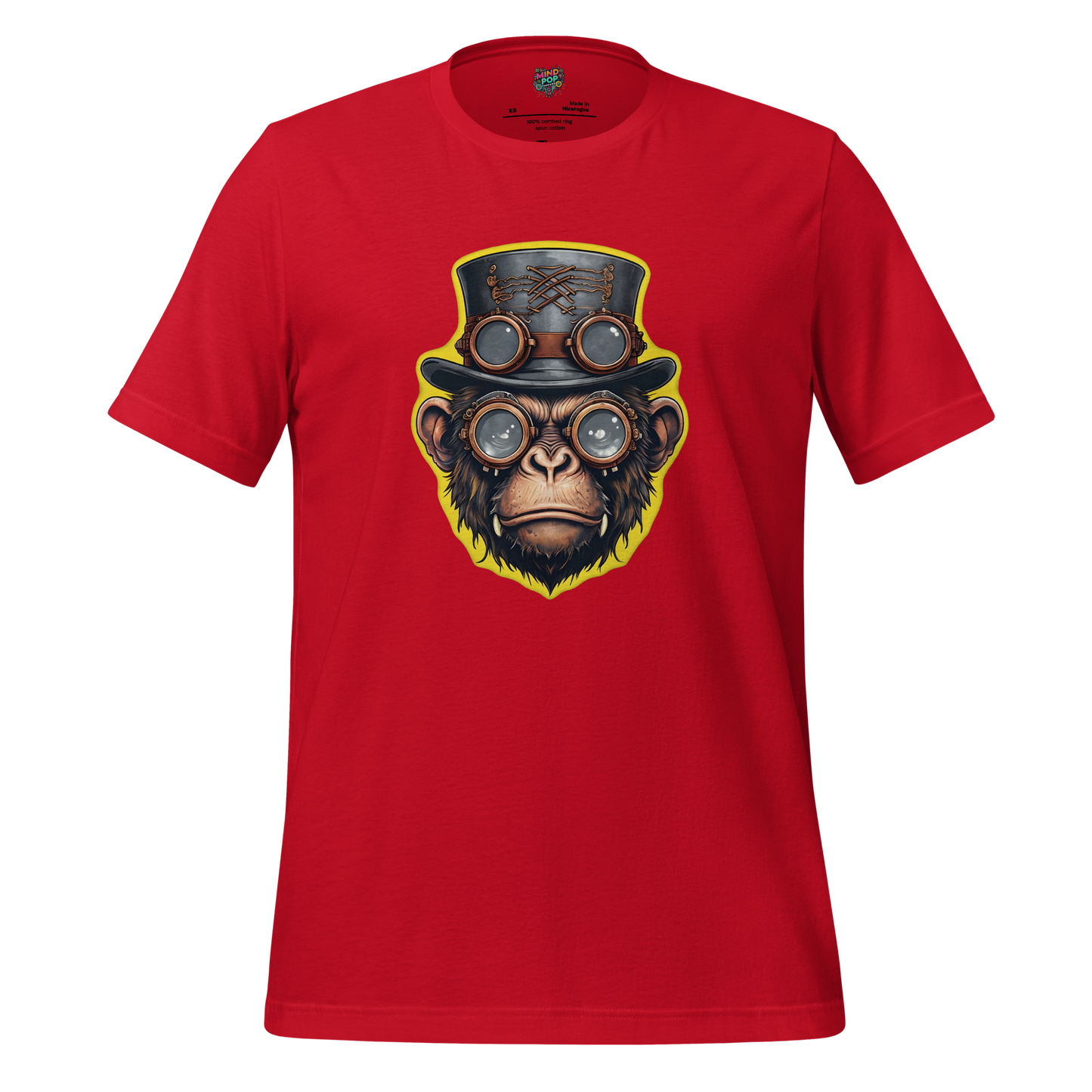 Graphic-only design of a steampunk monkey in top hat and goggles with gears — vintage sci-fi aesthetic for mischievous time-travelers