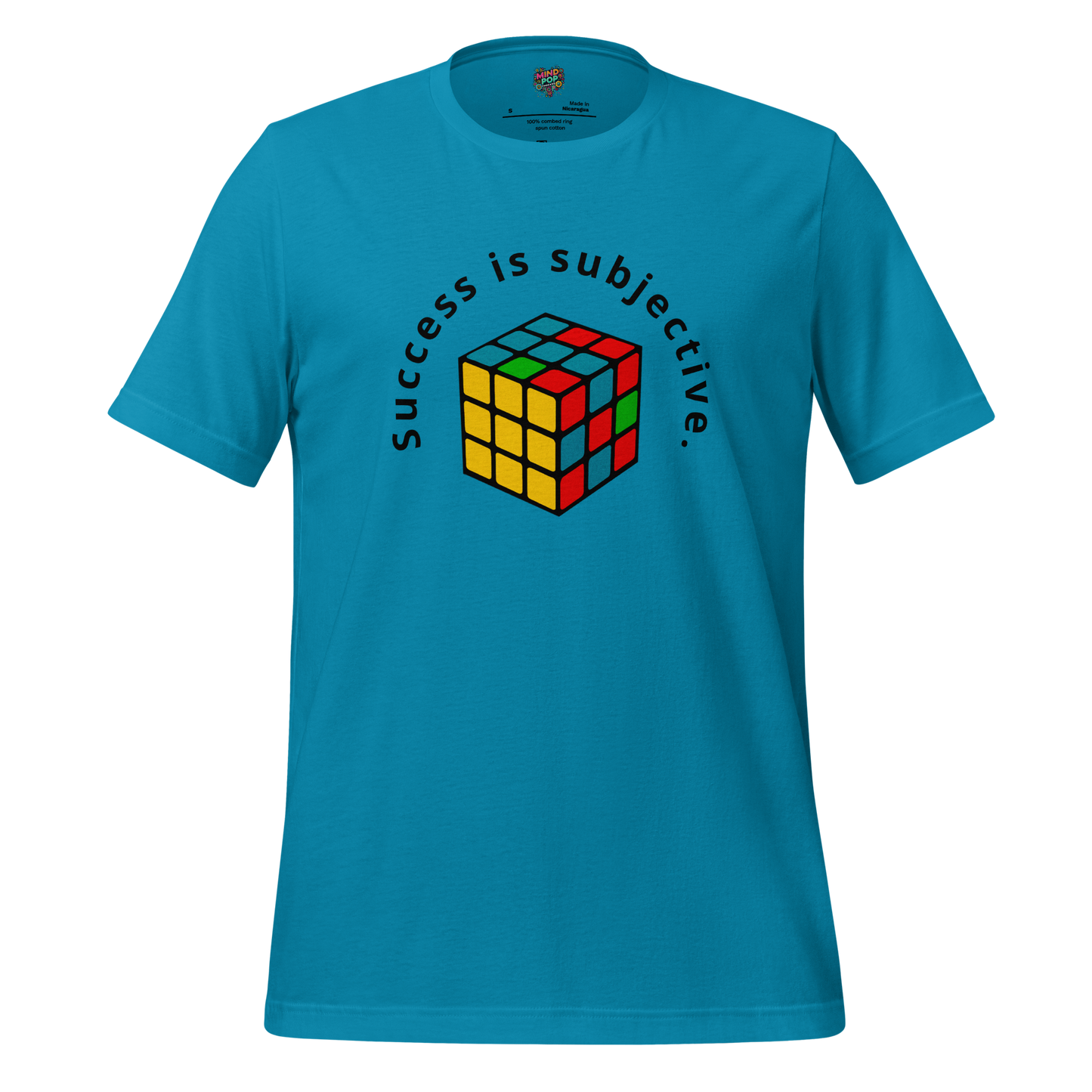 Funny shirt with the phrase “Success Is Subjective” and a scrambled cube resembling modern art — sarcastic tee for creative minds, overthinkers, and proud quitters