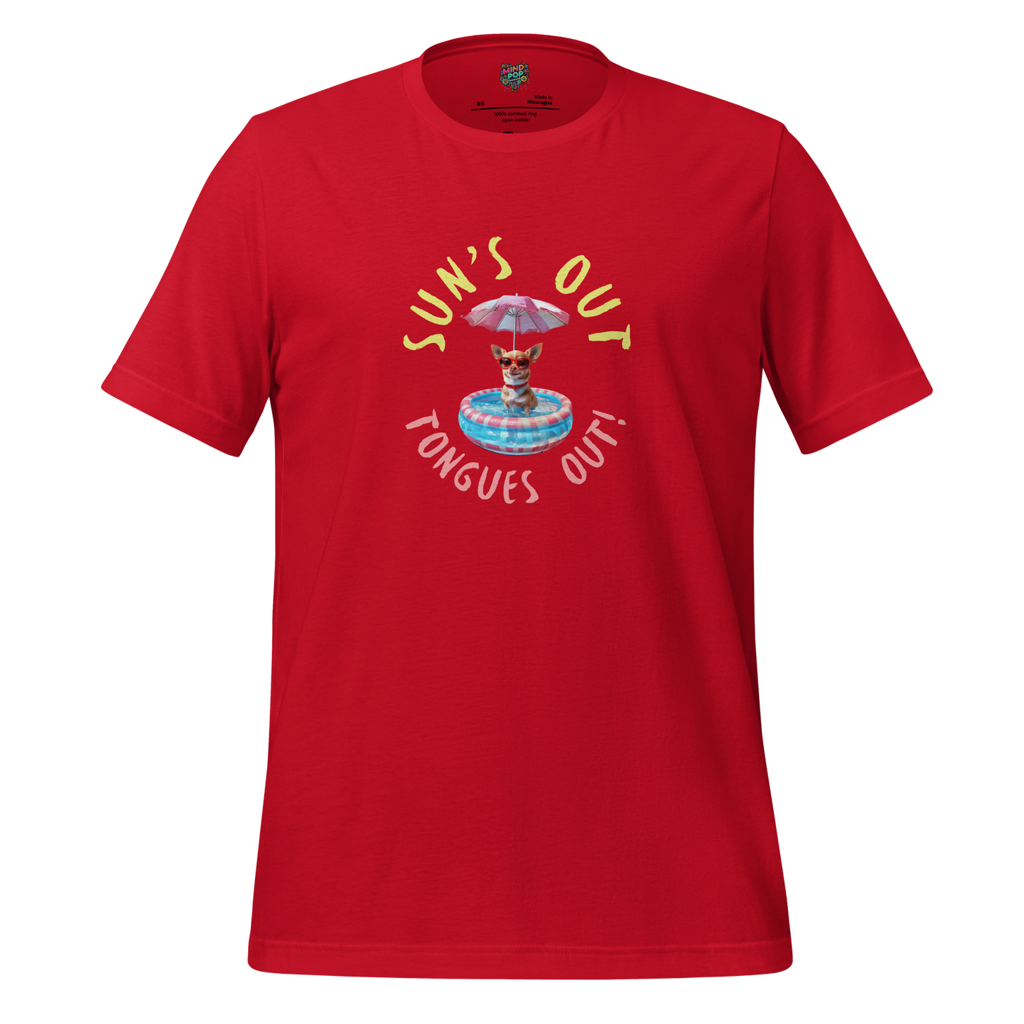 Oversized cartoon dog with tongue out in sunny scene — playful summer shirt celebrating happy pups and warm-weather chaos