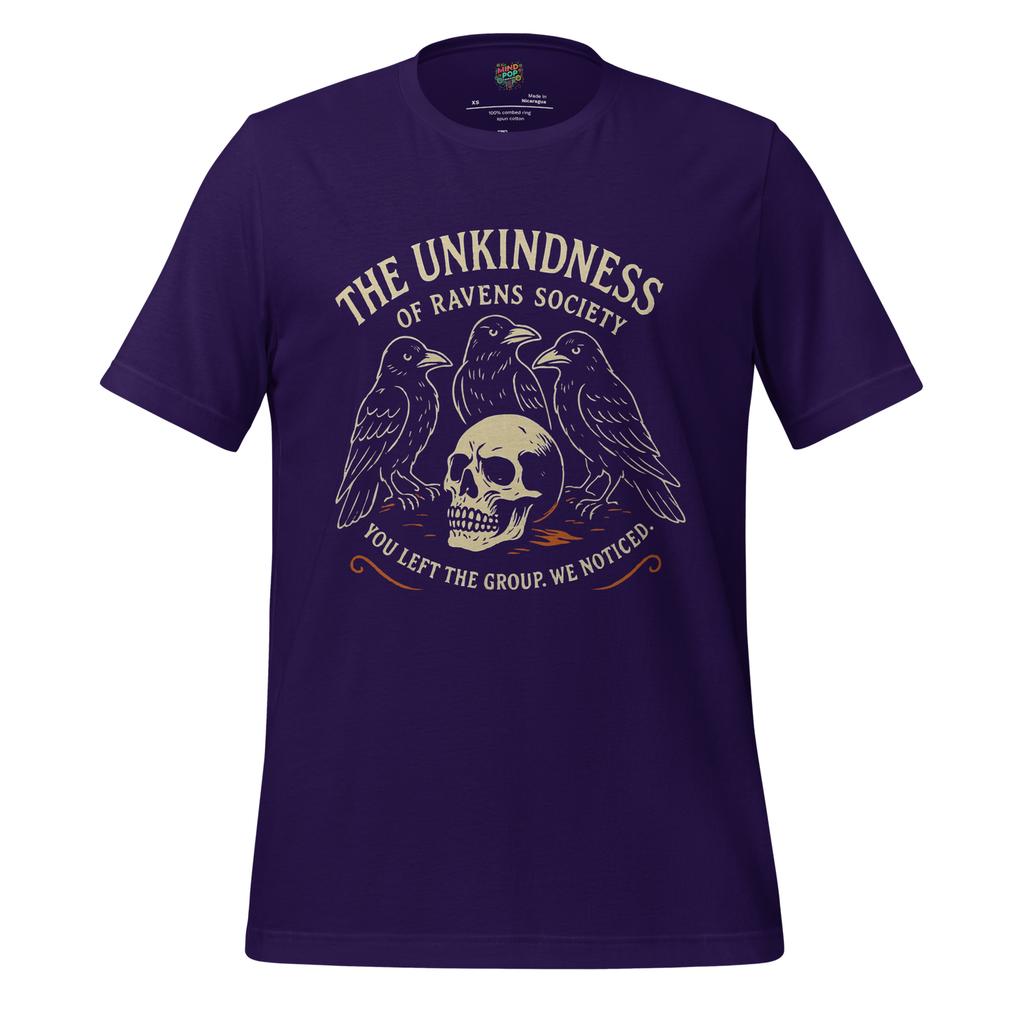 Dark raven cult shirt with eerie minimalist design and the phrase “We noticed you left” — perfect for gothic bird lovers and cryptic introverts