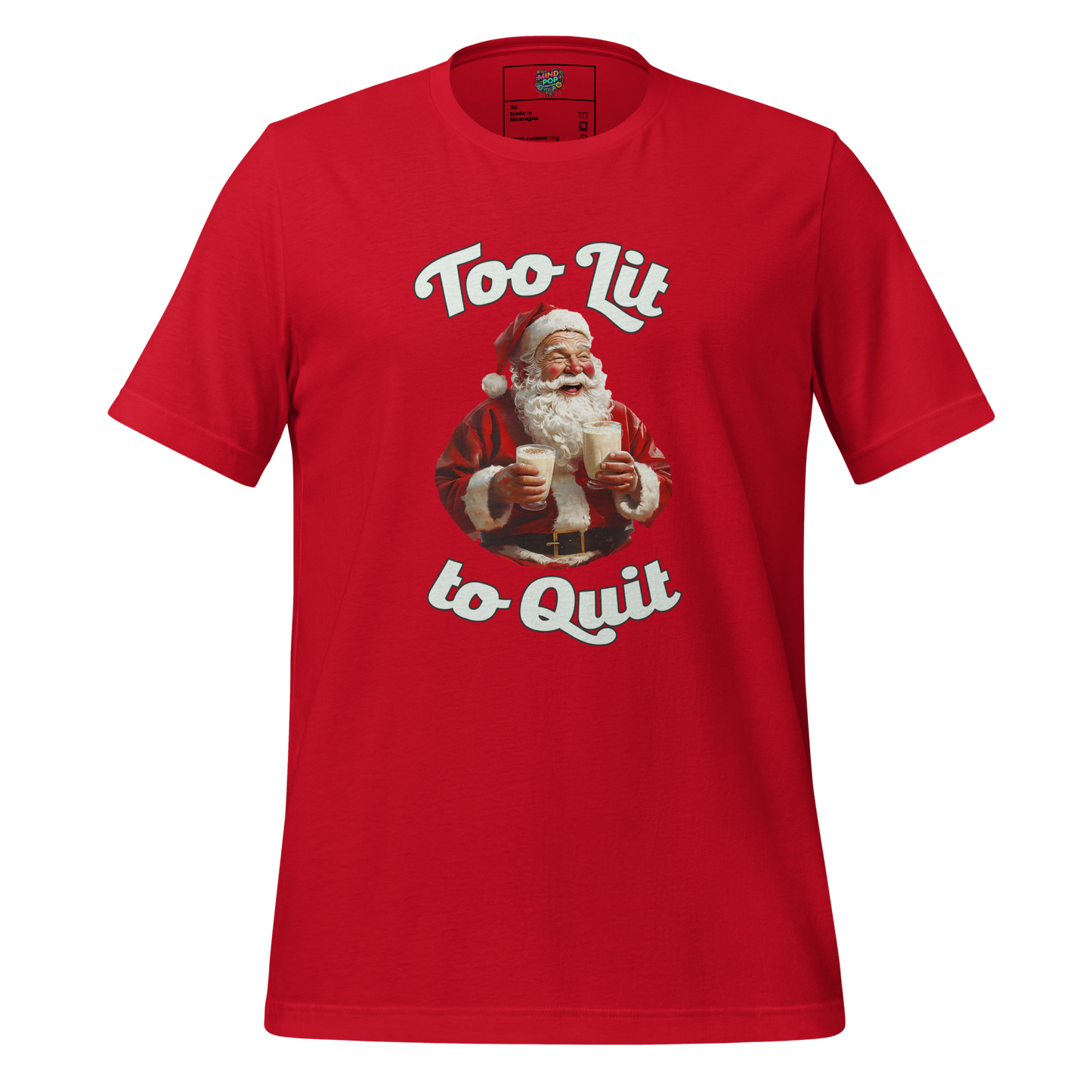 Cartoon Santa Claus with a boozy grin, holding a drink and looking unbothered under the text “Too Lit to Quit” — funny Christmas party shirt with festive chaos